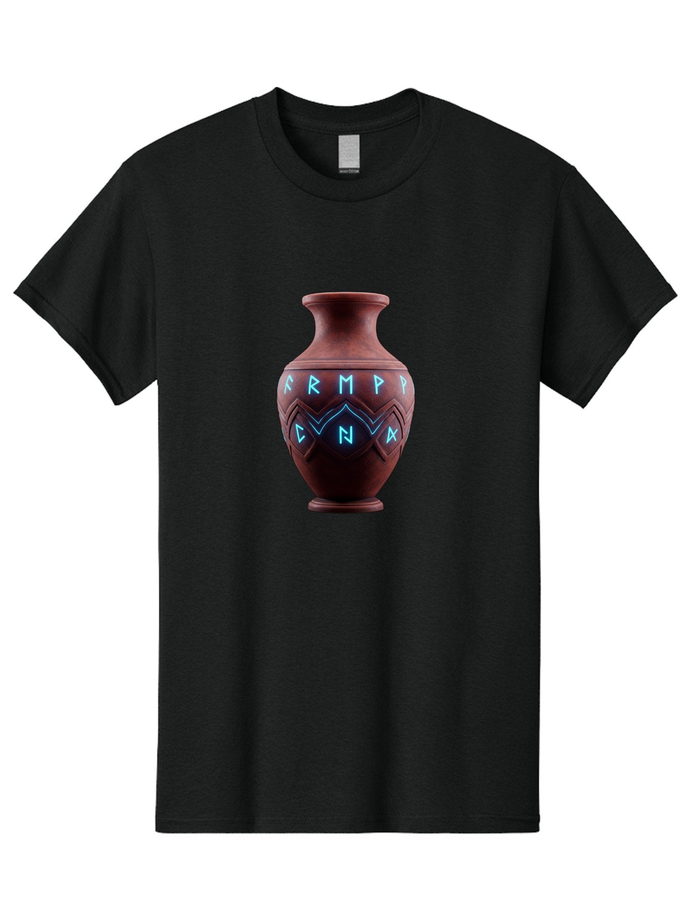 Runic-Vase Men'S Graphic Tee, 100% Cotton, Comfortable Casual Summer Wear, Machine Washable, Ancient Pottery, Clay Vase, Mysterious Symbols, Glowing Blue Letters, Armp Cna, Tribal Art, Glowing Neon, Symbolic Vase, Ancient Artifact, Bab366 14