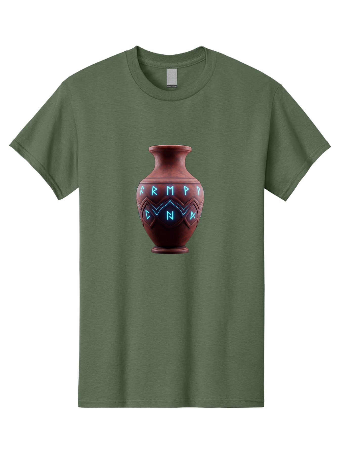 Runic-Vase Men'S Graphic Tee, 100% Cotton, Comfortable Casual Summer Wear, Machine Washable, Ancient Pottery, Clay Vase, Mysterious Symbols, Glowing Blue Letters, Armp Cna, Tribal Art, Glowing Neon, Symbolic Vase, Ancient Artifact, Bab366