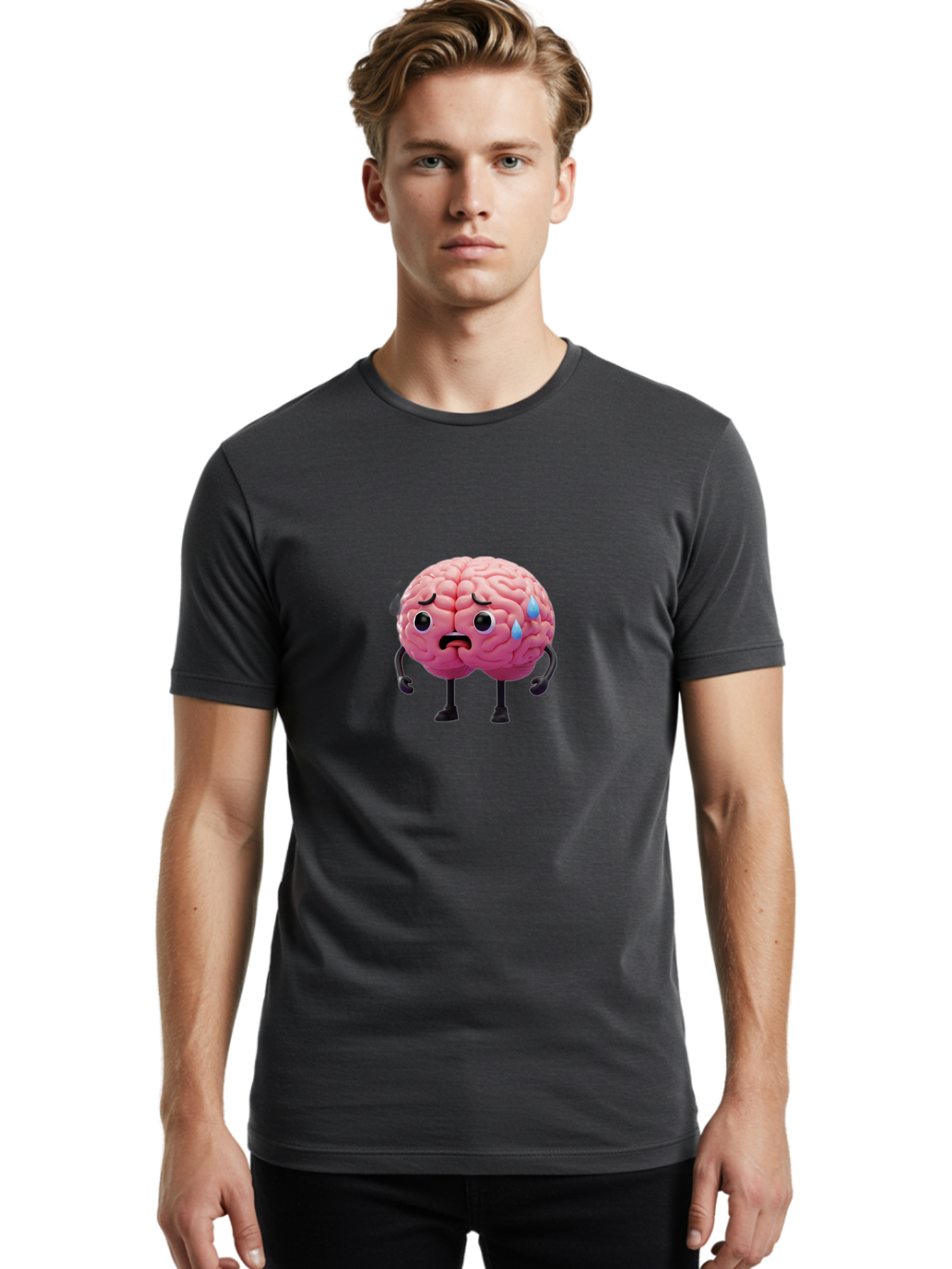 Sad-Brain-2 Men'S Graphic Tee, 100% Cotton, Comfortable Casual Summer Wear, Machine Washable, Cartoon Brain, Sad Face, Blue Tears, Thinking Problems, Mental Struggle, Negative Emotions, Anxiety Feelings Bab368 30