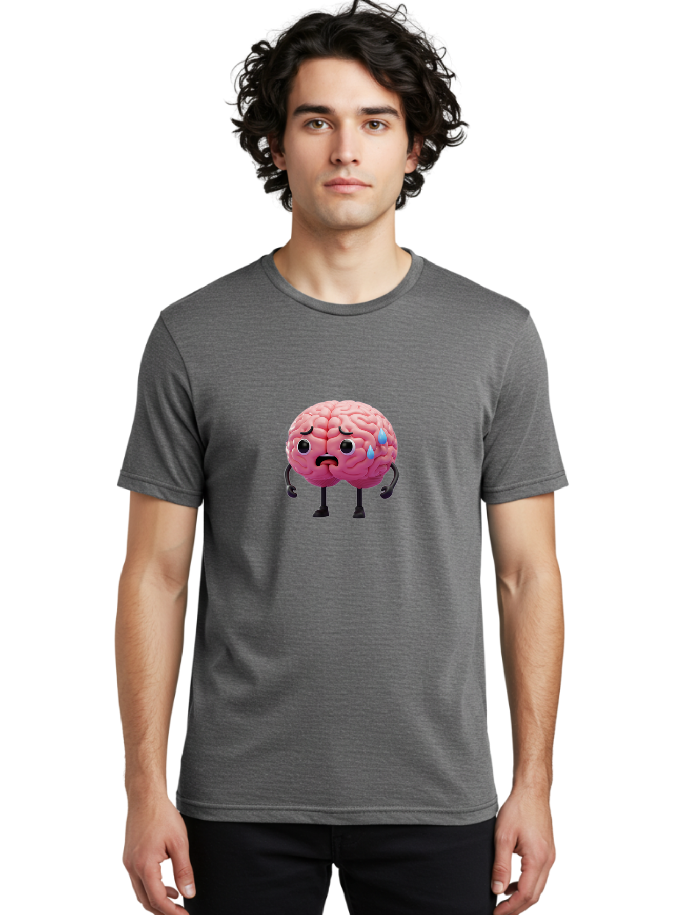 Sad-Brain-2 Men'S Graphic Tee, 100% Cotton, Comfortable Casual Summer Wear, Machine Washable, Cartoon Brain, Sad Face, Blue Tears, Thinking Problems, Mental Struggle, Negative Emotions, Anxiety Feelings Bab368 24