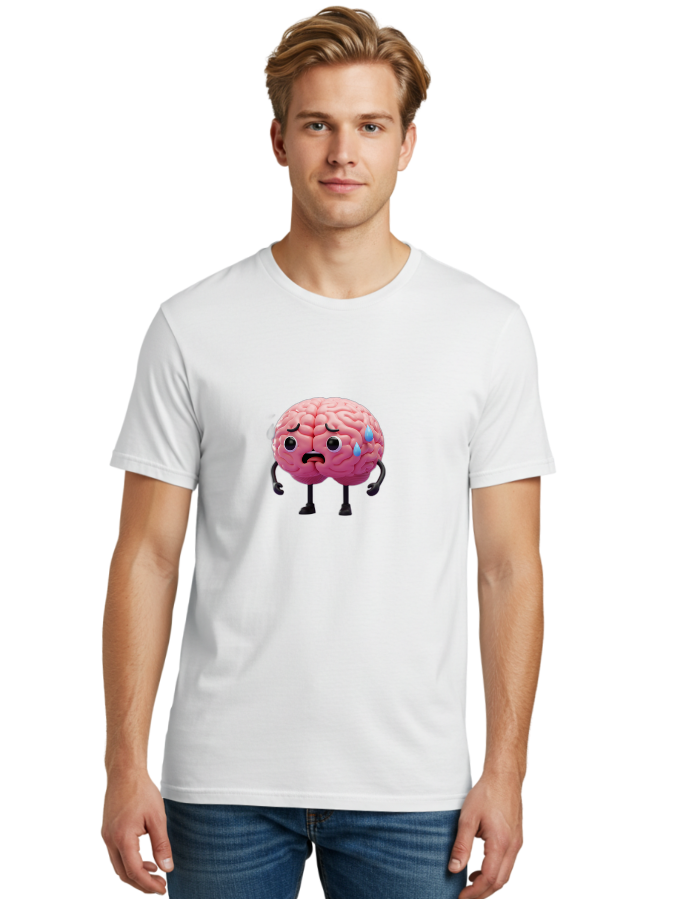 Sad-Brain-2 Men'S Graphic Tee, 100% Cotton, Comfortable Casual Summer Wear, Machine Washable, Cartoon Brain, Sad Face, Blue Tears, Thinking Problems, Mental Struggle, Negative Emotions, Anxiety Feelings Bab368 12