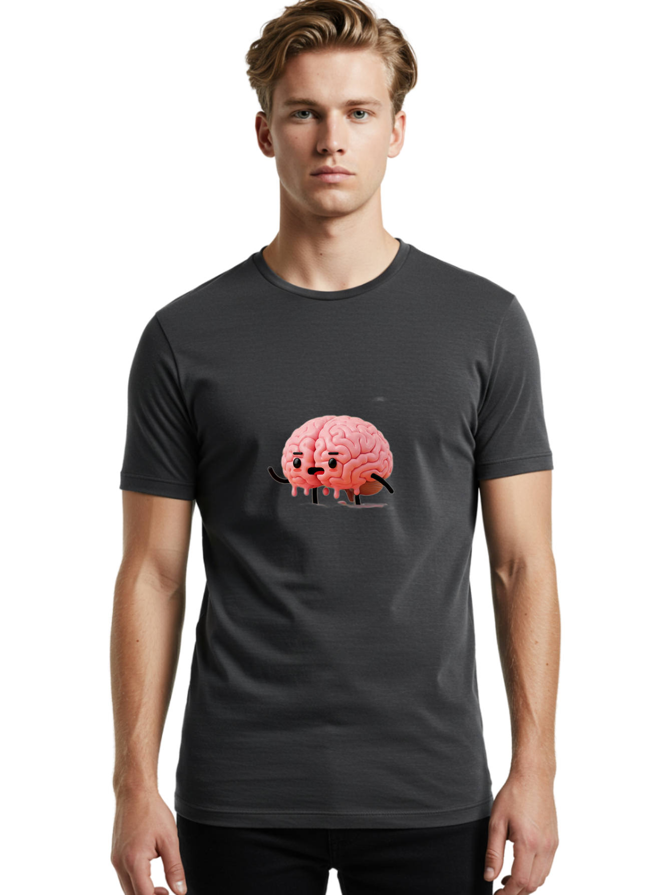 Sad-Brain-3 Men'S Graphic Tee, 100% Cotton, Comfortable Casual Summer Wear, Machine Washable, Cartoon Brain Character, Anthropomorphic Brain, Pink Brain Illustration, Brain With Face, Humorous Brain Design, Gooey Brain Texture, Thinking Brain, Bab369 12