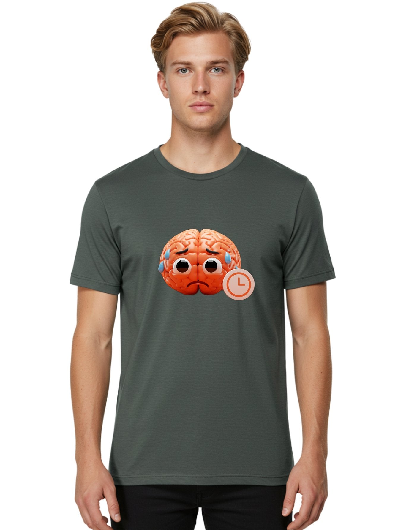 Sad-Brain Men'S Graphic Tee, 100% Cotton, Comfortable Casual Summer Wear, Machine Washable, Sad Brain, Stressed Brain, Anxiety, Frowning Face, Tears, Mental Health, Brain Fatigue, Stress Emotions, Frustration, Cartoon Brain Bab371 20