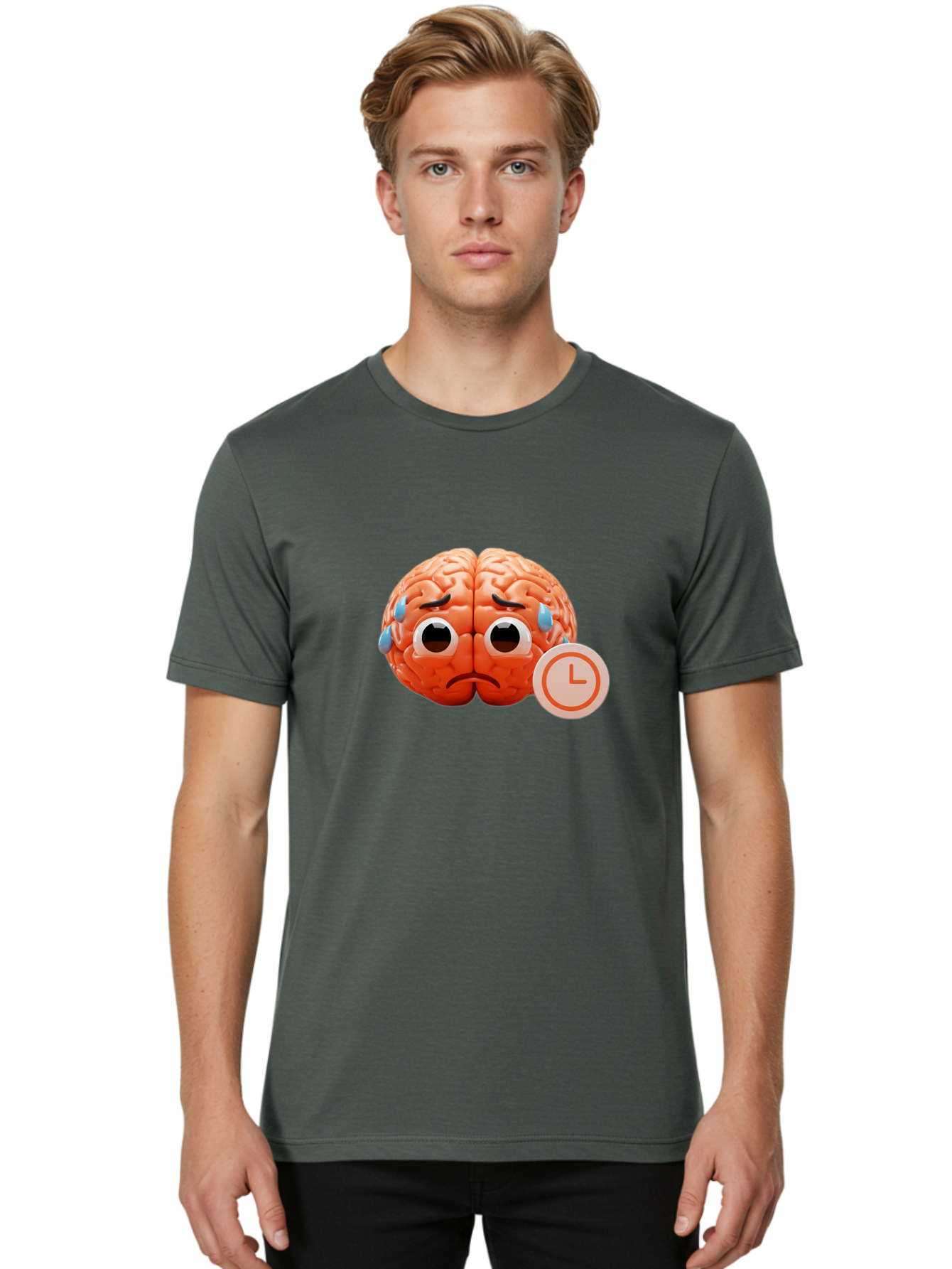 Sad-Brain Men'S Graphic Tee, 100% Cotton, Comfortable Casual Summer Wear, Machine Washable, Sad Brain, Stressed Brain, Anxiety, Frowning Face, Tears, Mental Health, Brain Fatigue, Stress Emotions, Frustration, Cartoon Brain Bab371 30