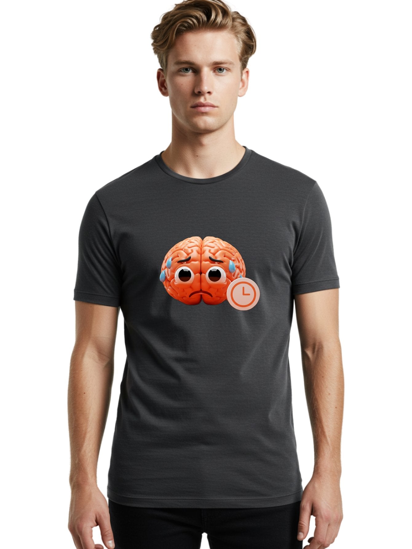 Sad-Brain Men'S Graphic Tee, 100% Cotton, Comfortable Casual Summer Wear, Machine Washable, Sad Brain, Stressed Brain, Anxiety, Frowning Face, Tears, Mental Health, Brain Fatigue, Stress Emotions, Frustration, Cartoon Brain Bab371 18