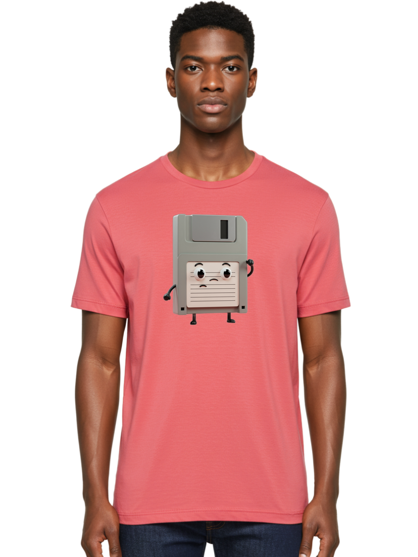Sad-Floppy-Disk Men'S Graphic Tee, 100% Cotton, Comfortable Casual Summer Wear, Machine Washable, Retro Floppy Disk, Cartoon Character, Anthropomorphic Design, Sad Expression, 3D Rendering, Nostalgic Tech, Retro Computing, Bab373 24
