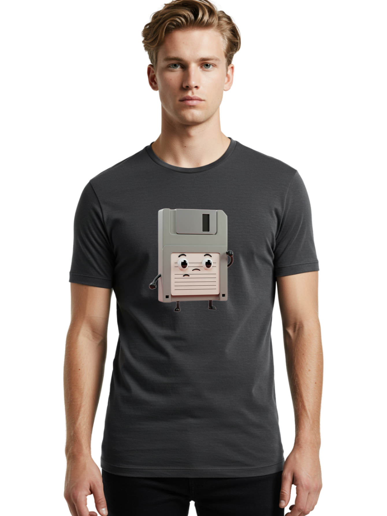 Sad-Floppy-Disk Men'S Graphic Tee, 100% Cotton, Comfortable Casual Summer Wear, Machine Washable, Retro Floppy Disk, Cartoon Character, Anthropomorphic Design, Sad Expression, 3D Rendering, Nostalgic Tech, Retro Computing, Bab373 22
