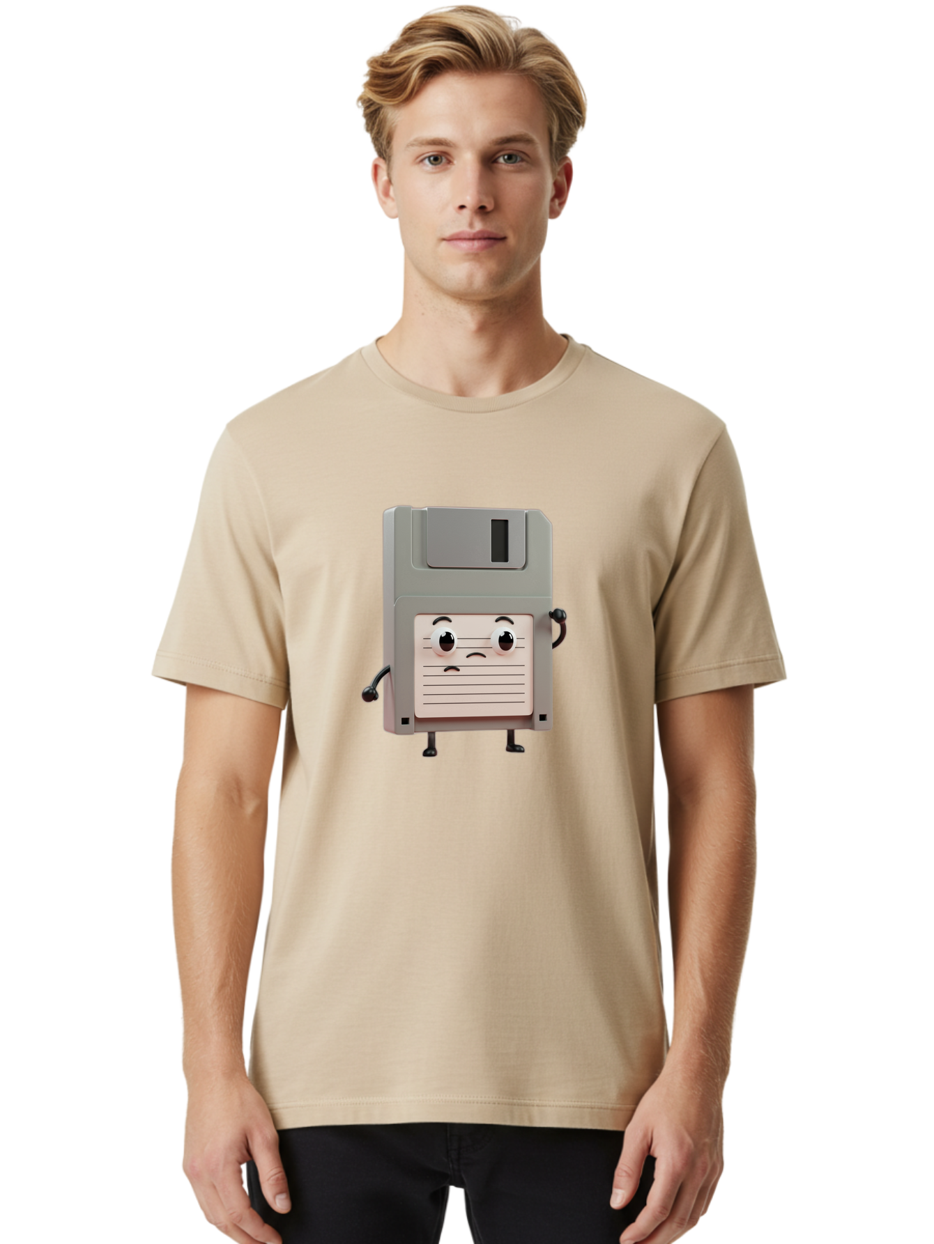 Sad-Floppy-Disk Men'S Graphic Tee, 100% Cotton, Comfortable Casual Summer Wear, Machine Washable, Retro Floppy Disk, Cartoon Character, Anthropomorphic Design, Sad Expression, 3D Rendering, Nostalgic Tech, Retro Computing, Bab373 30