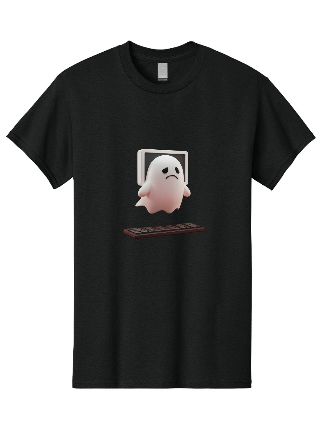 Sad-Ghost Men'S Graphic Tee, 100% Cotton, Comfortable Casual Summer Wear, Machine Washable, Sad Ghost, Unhappy Facial Expression, Ghost Character, Computer Monitor, Keyboard, Digital Illustration, 3D Rendering, Cartoon Ghost, Frowning Face Bab374