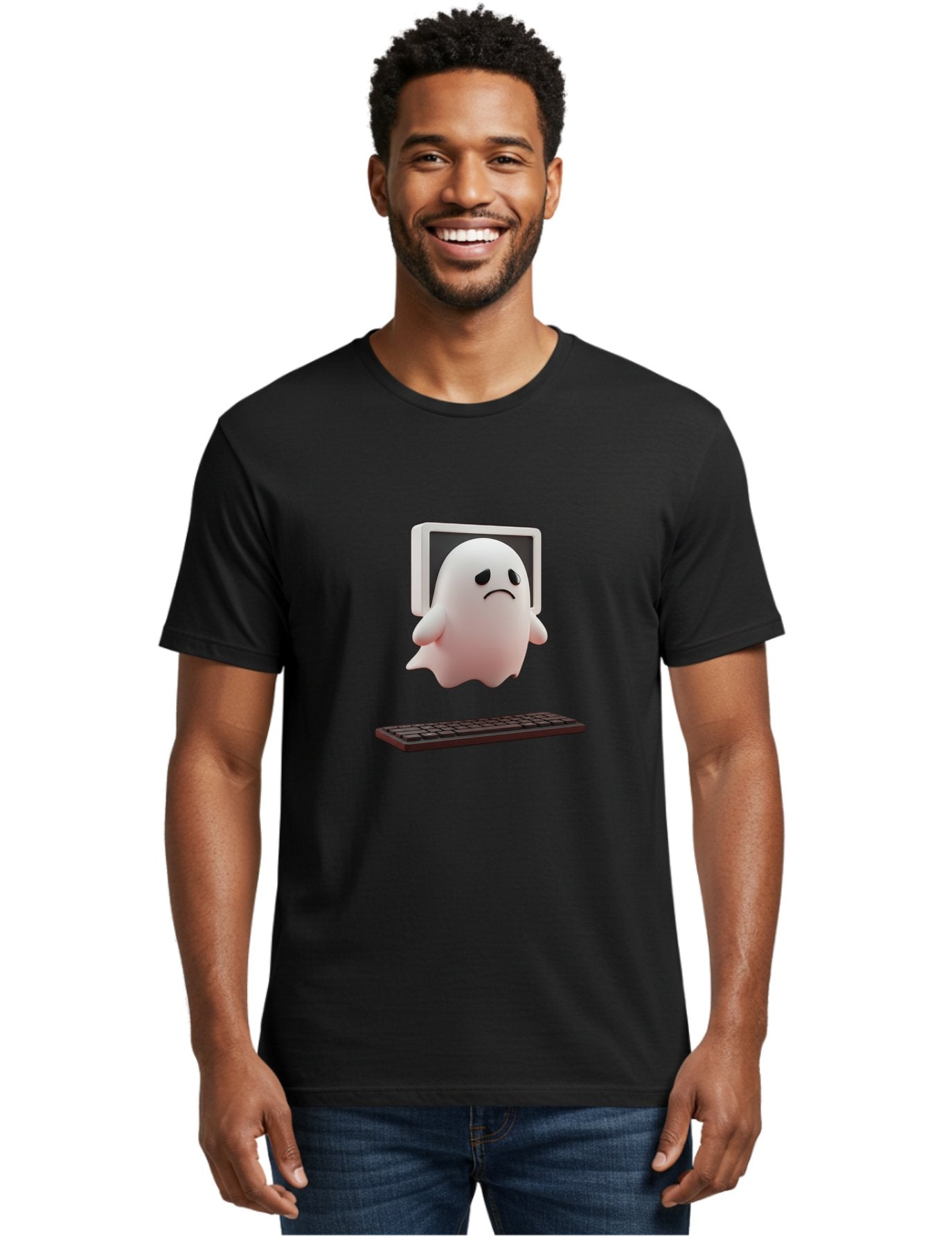 Sad-Ghost Men'S Graphic Tee, 100% Cotton, Comfortable Casual Summer Wear, Machine Washable, Sad Ghost, Unhappy Facial Expression, Ghost Character, Computer Monitor, Keyboard, Digital Illustration, 3D Rendering, Cartoon Ghost, Frowning Face Bab374 19