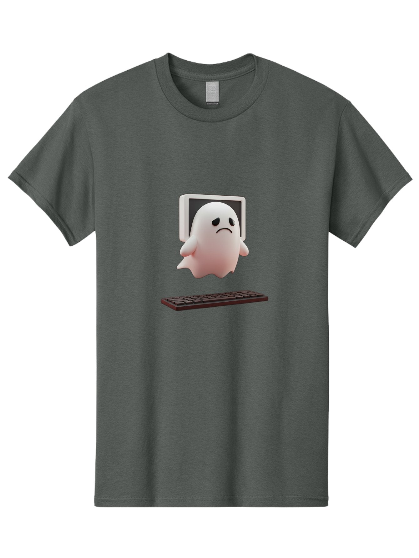 Sad-Ghost Men'S Graphic Tee, 100% Cotton, Comfortable Casual Summer Wear, Machine Washable, Sad Ghost, Unhappy Facial Expression, Ghost Character, Computer Monitor, Keyboard, Digital Illustration, 3D Rendering, Cartoon Ghost, Frowning Face Bab374 14