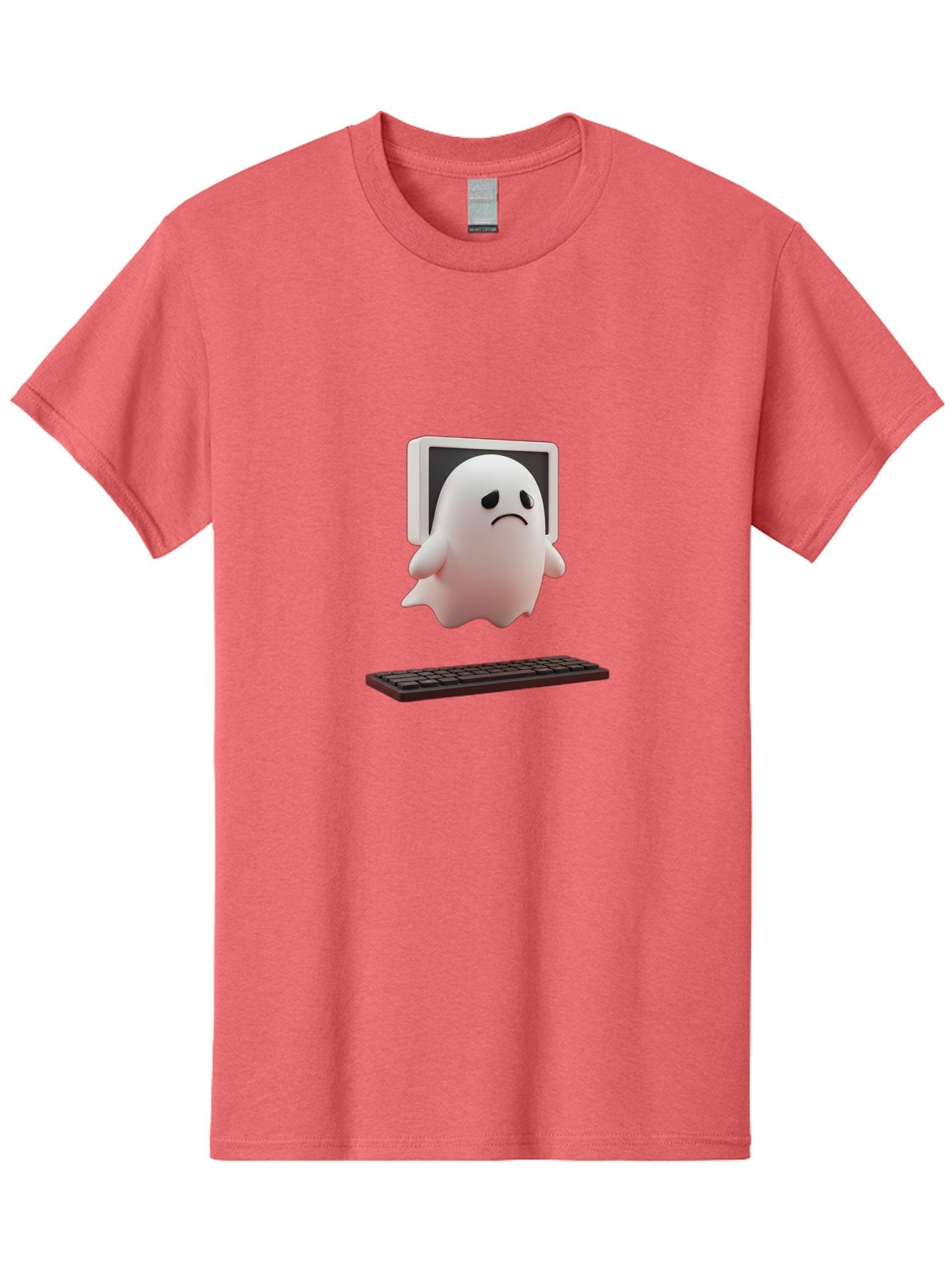 Sad-Ghost Men'S Graphic Tee, 100% Cotton, Comfortable Casual Summer Wear, Machine Washable, Sad Ghost, Unhappy Facial Expression, Ghost Character, Computer Monitor, Keyboard, Digital Illustration, 3D Rendering, Cartoon Ghost, Frowning Face Bab374 9