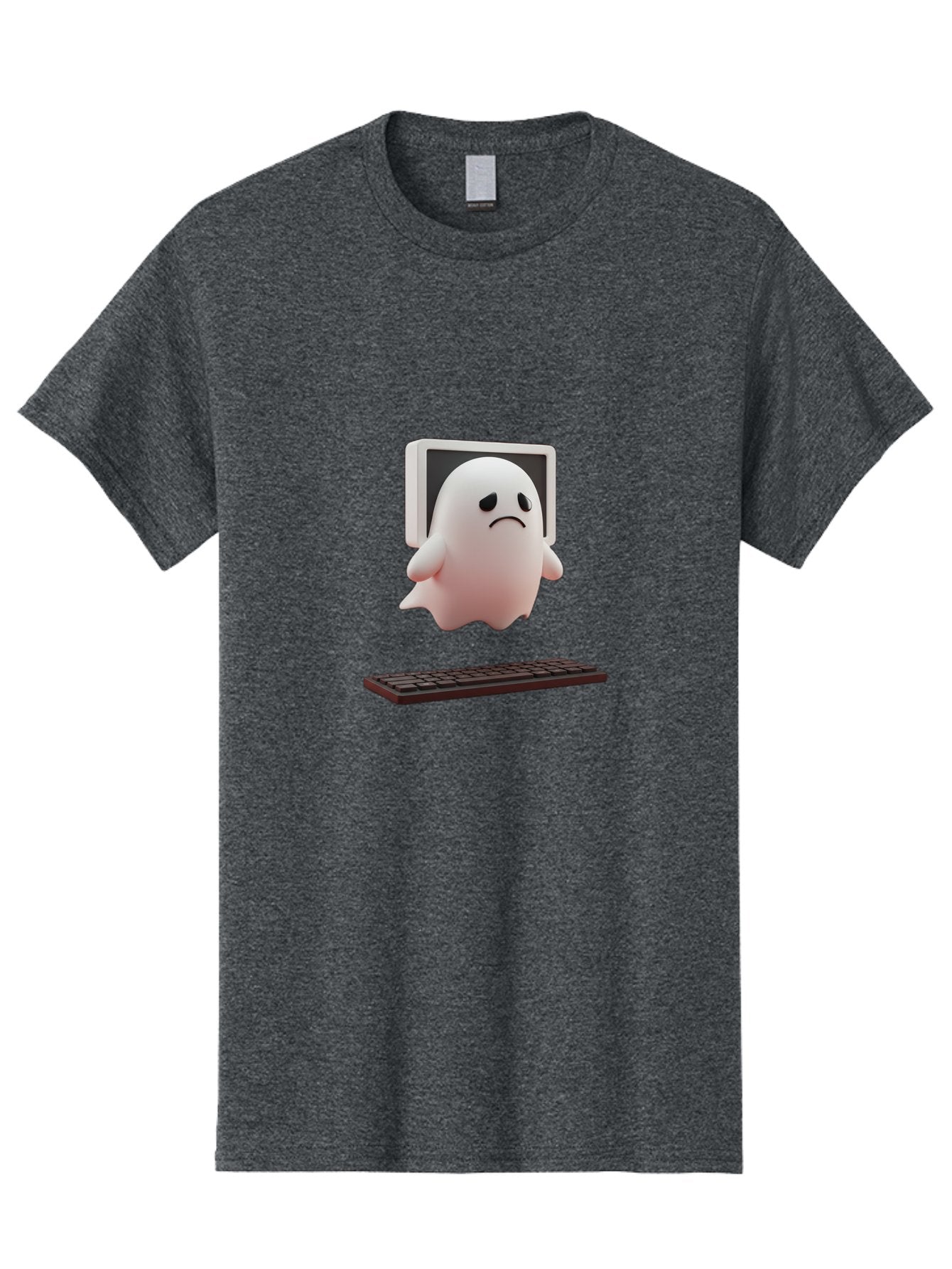 Sad-Ghost Men'S Graphic Tee, 100% Cotton, Comfortable Casual Summer Wear, Machine Washable, Sad Ghost, Unhappy Facial Expression, Ghost Character, Computer Monitor, Keyboard, Digital Illustration, 3D Rendering, Cartoon Ghost, Frowning Face Bab374 12