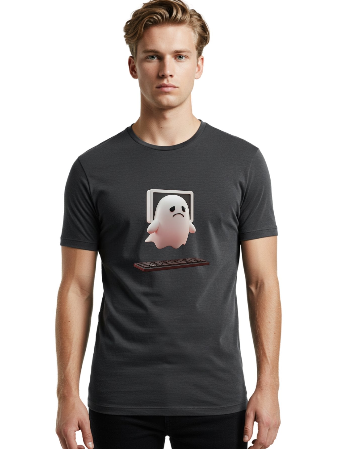 Sad-Ghost Men'S Graphic Tee, 100% Cotton, Comfortable Casual Summer Wear, Machine Washable, Sad Ghost, Unhappy Facial Expression, Ghost Character, Computer Monitor, Keyboard, Digital Illustration, 3D Rendering, Cartoon Ghost, Frowning Face Bab374 28