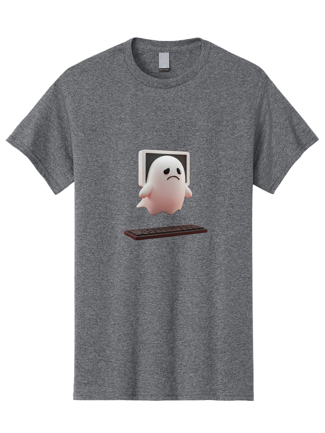 Sad-Ghost Men'S Graphic Tee, 100% Cotton, Comfortable Casual Summer Wear, Machine Washable, Sad Ghost, Unhappy Facial Expression, Ghost Character, Computer Monitor, Keyboard, Digital Illustration, 3D Rendering, Cartoon Ghost, Frowning Face Bab374 7