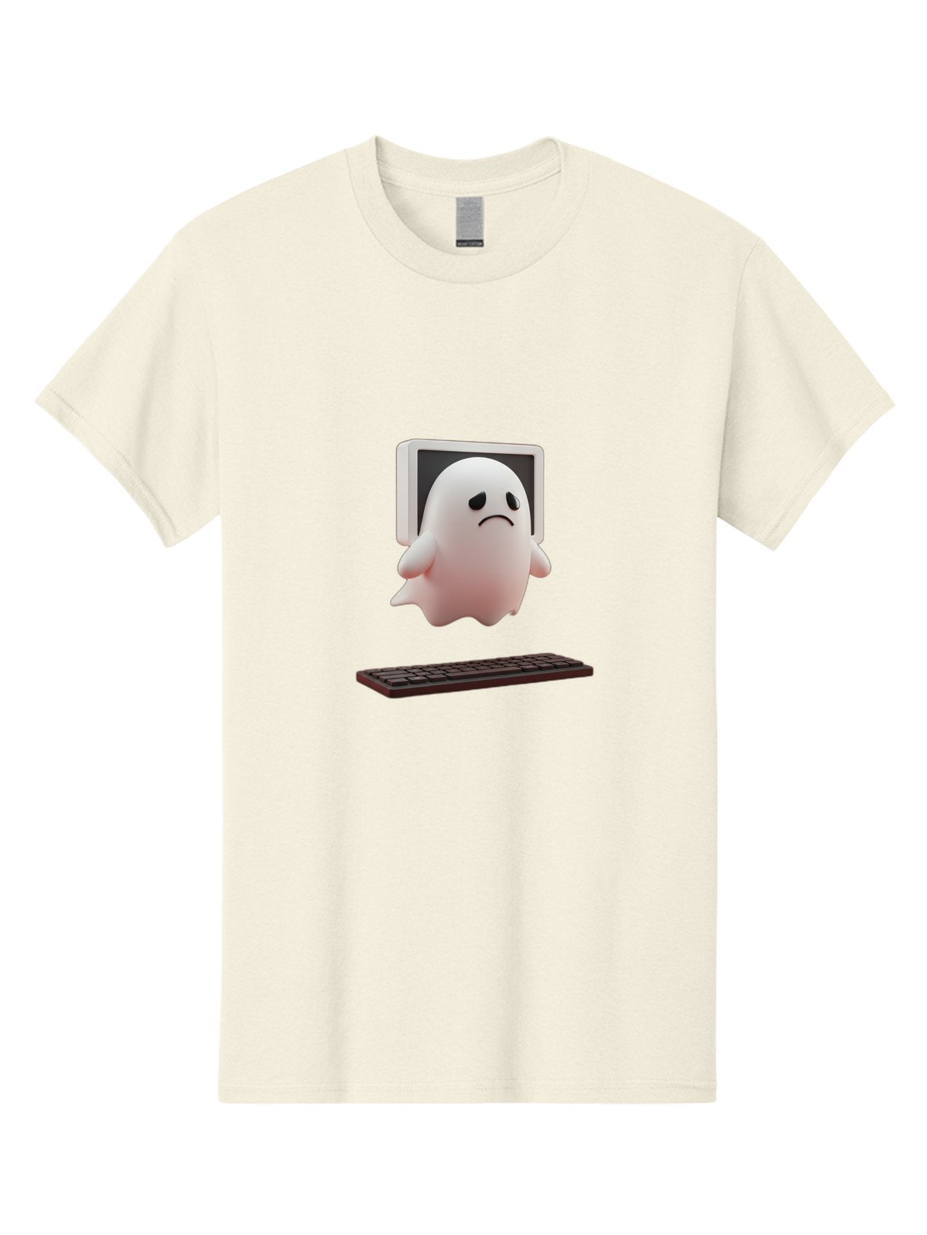 Sad-Ghost Men'S Graphic Tee, 100% Cotton, Comfortable Casual Summer Wear, Machine Washable, Sad Ghost, Unhappy Facial Expression, Ghost Character, Computer Monitor, Keyboard, Digital Illustration, 3D Rendering, Cartoon Ghost, Frowning Face Bab374
