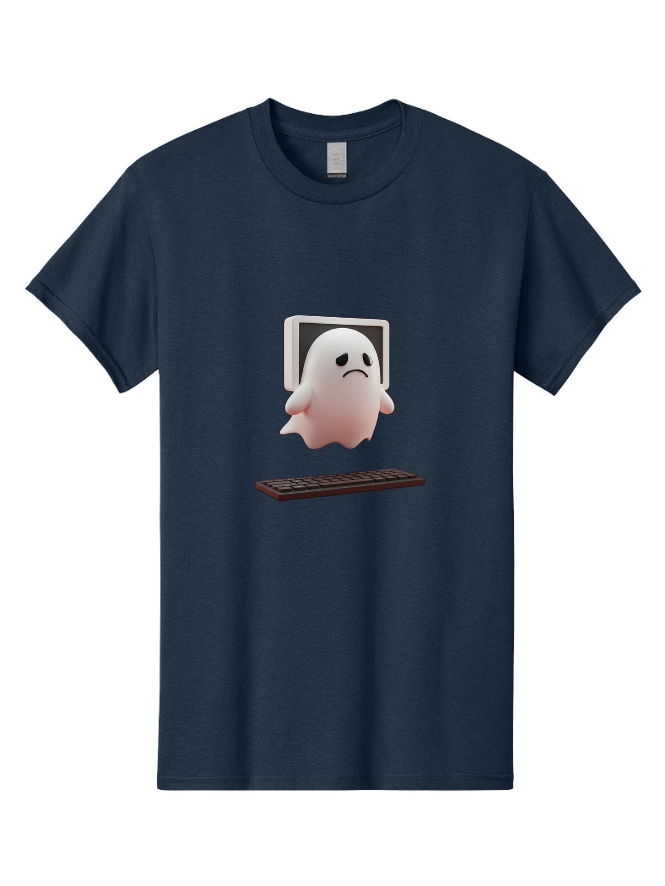 Sad-Ghost Men'S Graphic Tee, 100% Cotton, Comfortable Casual Summer Wear, Machine Washable, Sad Ghost, Unhappy Facial Expression, Ghost Character, Computer Monitor, Keyboard, Digital Illustration, 3D Rendering, Cartoon Ghost, Frowning Face Bab374 6