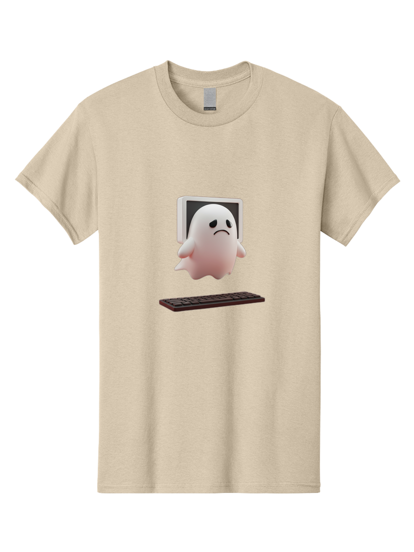 Sad-Ghost Men'S Graphic Tee, 100% Cotton, Comfortable Casual Summer Wear, Machine Washable, Sad Ghost, Unhappy Facial Expression, Ghost Character, Computer Monitor, Keyboard, Digital Illustration, 3D Rendering, Cartoon Ghost, Frowning Face Bab374
