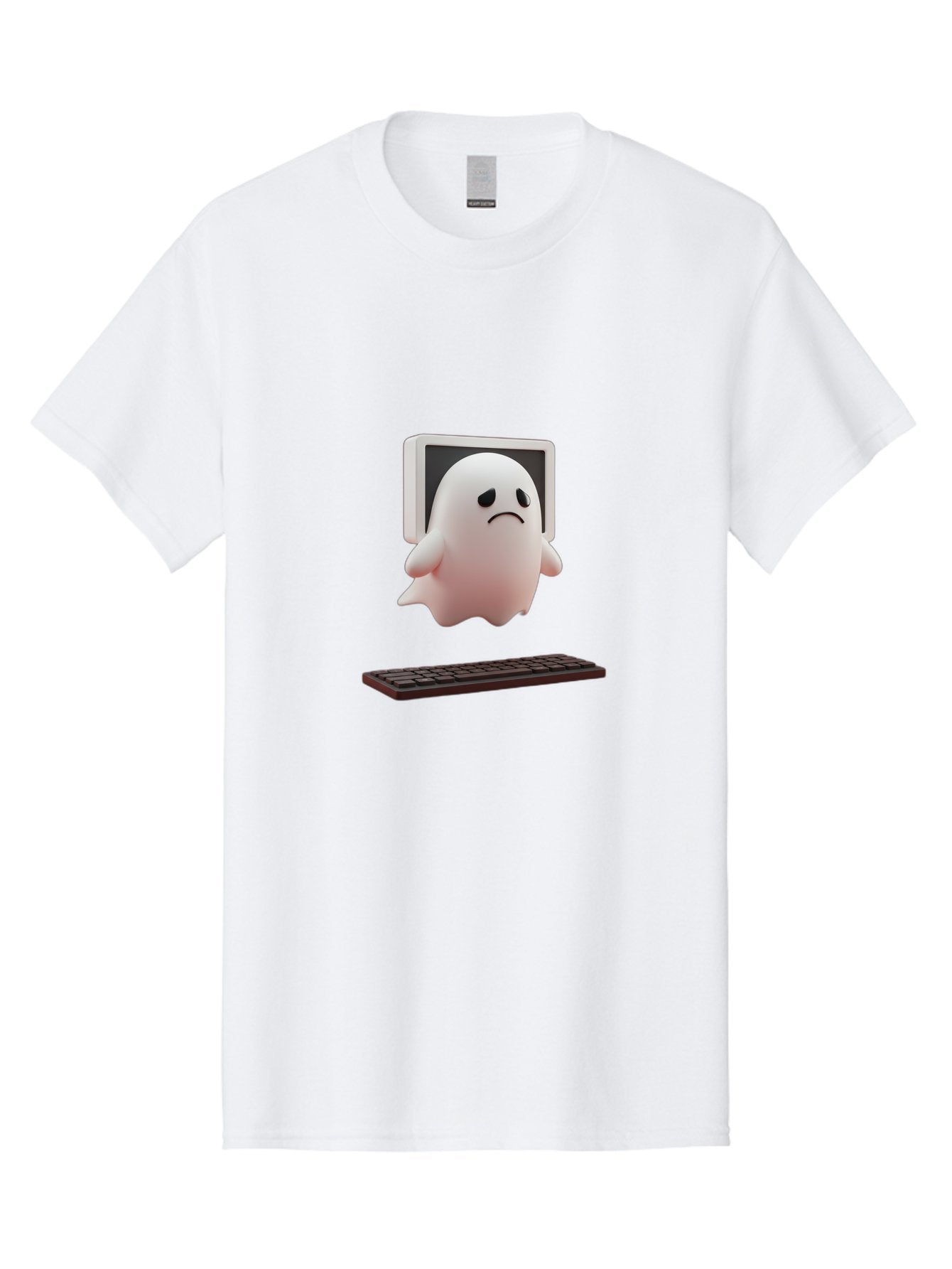 Sad-Ghost Men'S Graphic Tee, 100% Cotton, Comfortable Casual Summer Wear, Machine Washable, Sad Ghost, Unhappy Facial Expression, Ghost Character, Computer Monitor, Keyboard, Digital Illustration, 3D Rendering, Cartoon Ghost, Frowning Face Bab374 4