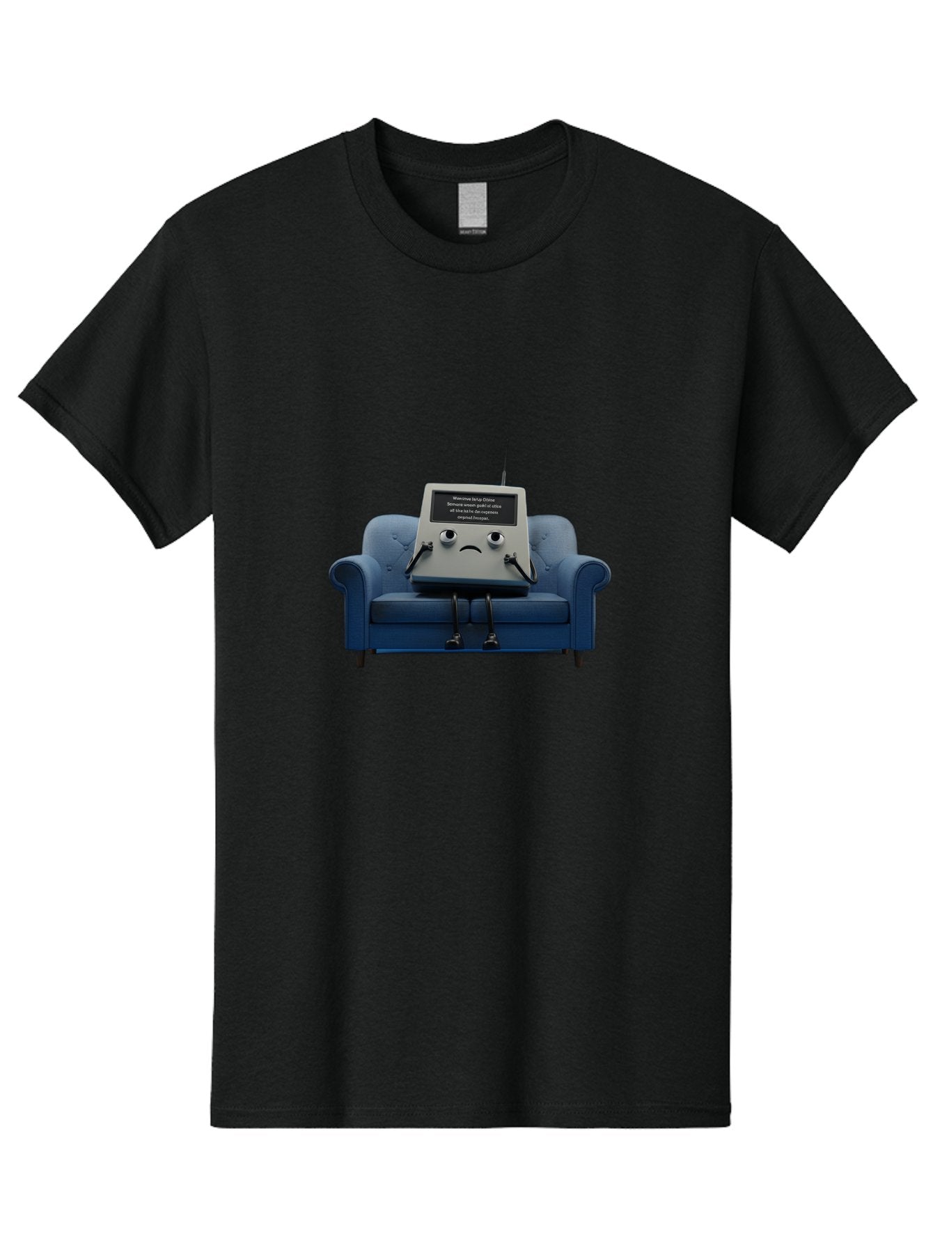 Sad-Laptop Men'S Graphic Tee, 100% Cotton, Comfortable Casual Summer Wear, Machine Washable, Sad Computer On Sofa, Blue Armchair, Frowning Face, Black Screen, Robotic Legs, Error Message, Quirky Character, Futuristic Design, Tech Humor, Bab375 7