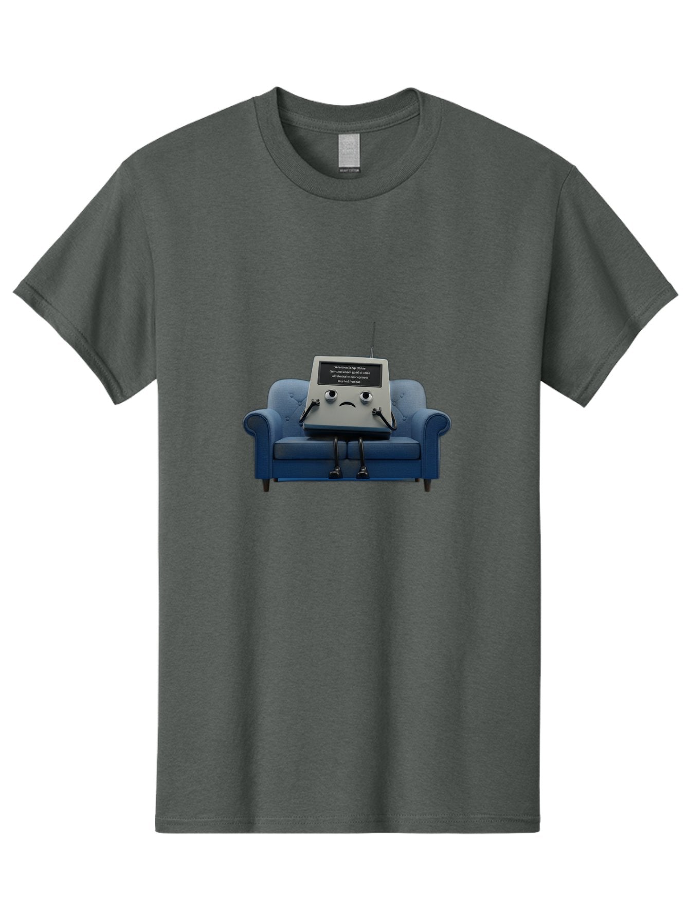 Sad-Laptop Men'S Graphic Tee, 100% Cotton, Comfortable Casual Summer Wear, Machine Washable, Sad Computer On Sofa, Blue Armchair, Frowning Face, Black Screen, Robotic Legs, Error Message, Quirky Character, Futuristic Design, Tech Humor, Bab375 6