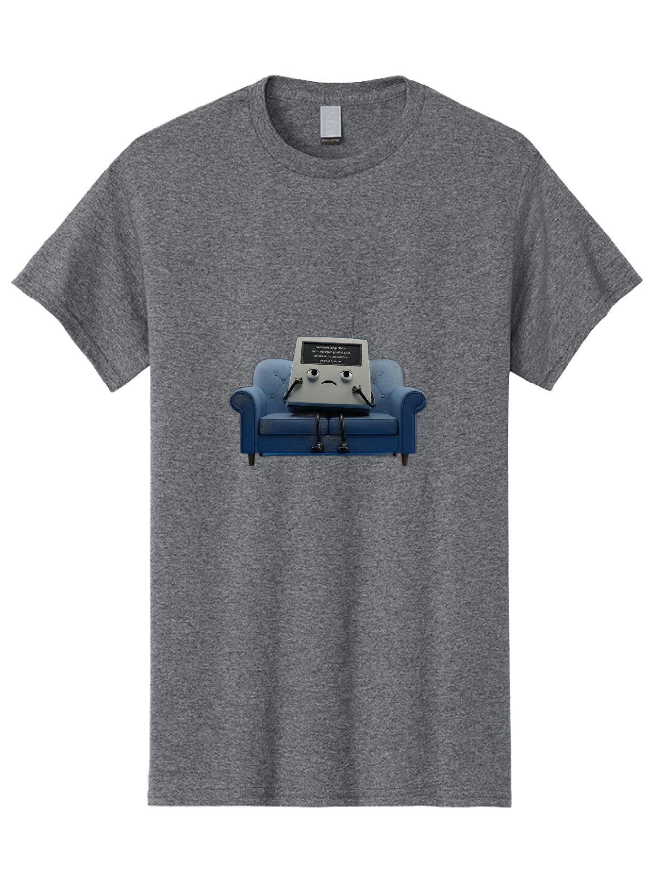 Sad-Laptop Men'S Graphic Tee, 100% Cotton, Comfortable Casual Summer Wear, Machine Washable, Sad Computer On Sofa, Blue Armchair, Frowning Face, Black Screen, Robotic Legs, Error Message, Quirky Character, Futuristic Design, Tech Humor, Bab375 14