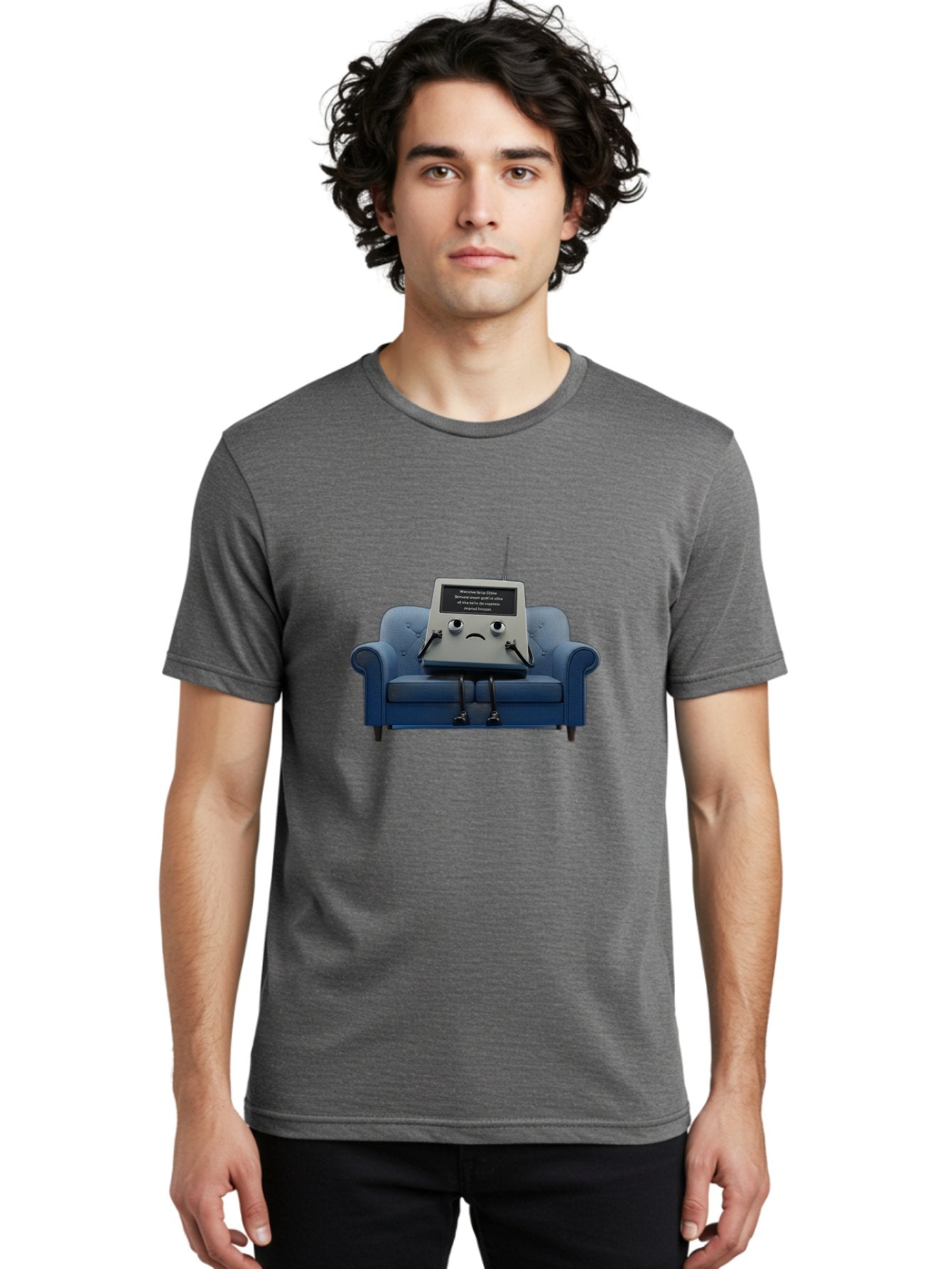 Sad-Laptop Men'S Graphic Tee, 100% Cotton, Comfortable Casual Summer Wear, Machine Washable, Sad Computer On Sofa, Blue Armchair, Frowning Face, Black Screen, Robotic Legs, Error Message, Quirky Character, Futuristic Design, Tech Humor, Bab375 29