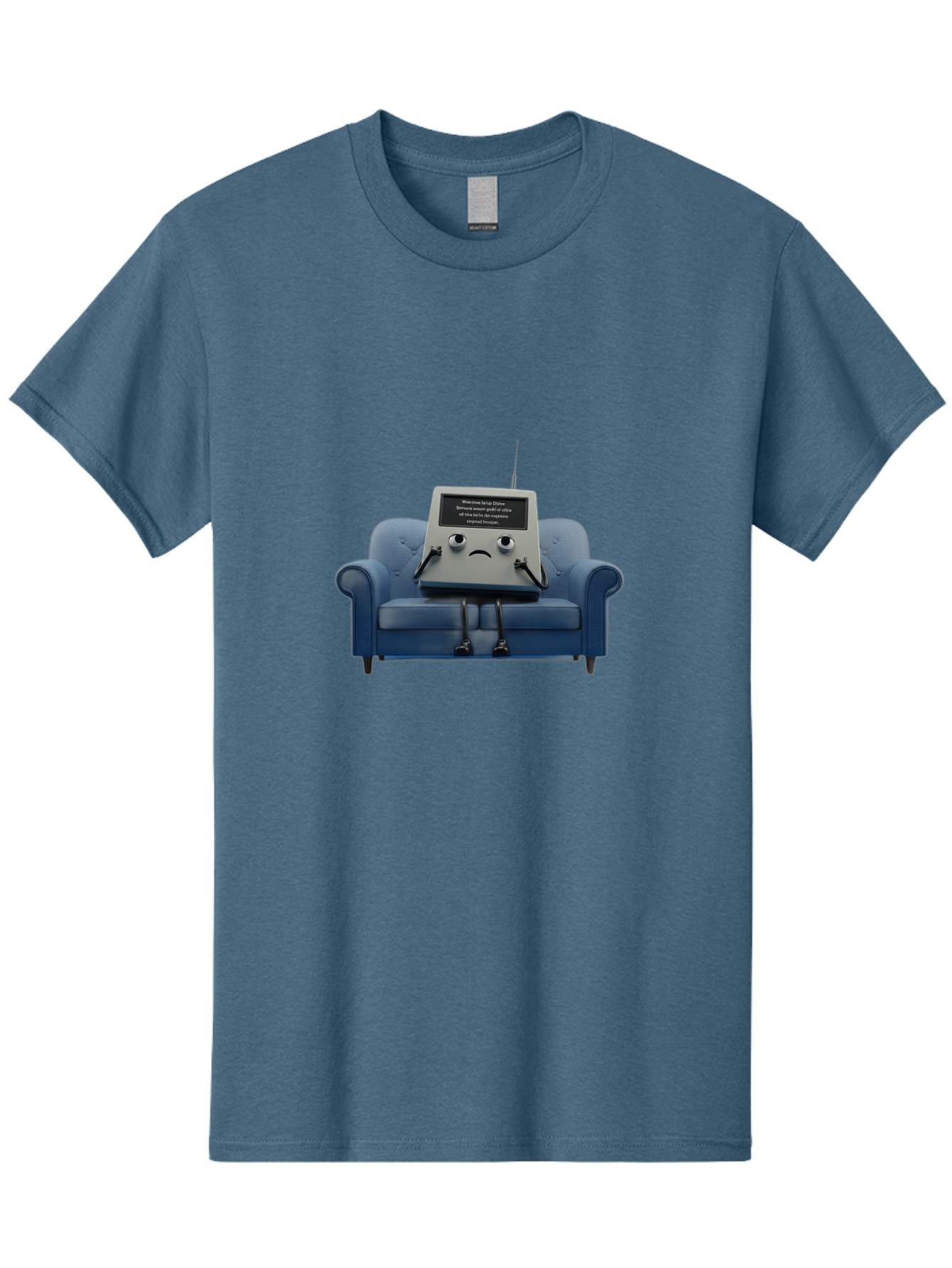 Sad-Laptop Men'S Graphic Tee, 100% Cotton, Comfortable Casual Summer Wear, Machine Washable, Sad Computer On Sofa, Blue Armchair, Frowning Face, Black Screen, Robotic Legs, Error Message, Quirky Character, Futuristic Design, Tech Humor, Bab375