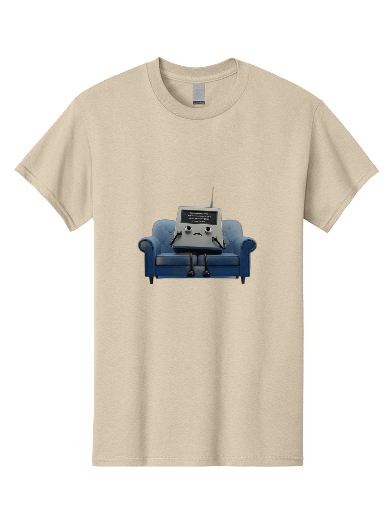 Sad-Laptop Men'S Graphic Tee, 100% Cotton, Comfortable Casual Summer Wear, Machine Washable, Sad Computer On Sofa, Blue Armchair, Frowning Face, Black Screen, Robotic Legs, Error Message, Quirky Character, Futuristic Design, Tech Humor, Bab375