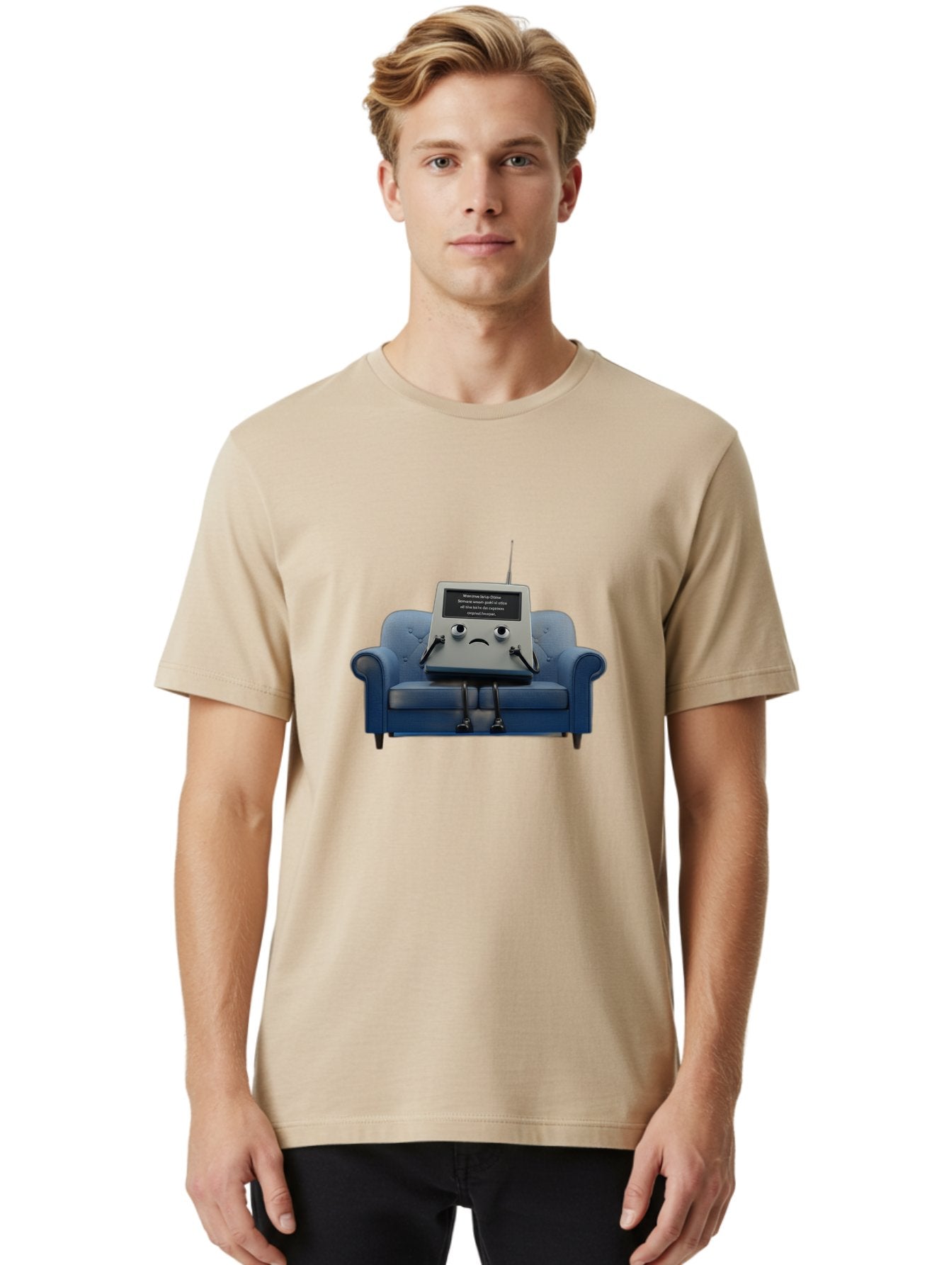 Sad-Laptop Men'S Graphic Tee, 100% Cotton, Comfortable Casual Summer Wear, Machine Washable, Sad Computer On Sofa, Blue Armchair, Frowning Face, Black Screen, Robotic Legs, Error Message, Quirky Character, Futuristic Design, Tech Humor, Bab375 19
