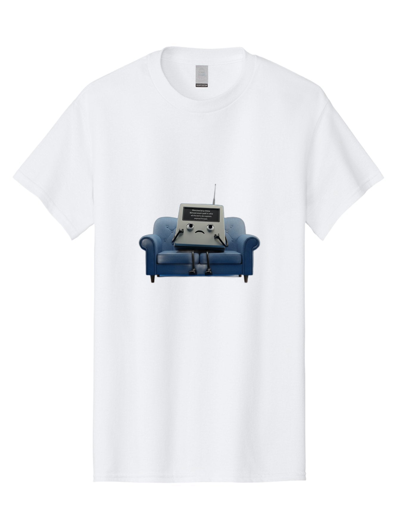 Sad-Laptop Men'S Graphic Tee, 100% Cotton, Comfortable Casual Summer Wear, Machine Washable, Sad Computer On Sofa, Blue Armchair, Frowning Face, Black Screen, Robotic Legs, Error Message, Quirky Character, Futuristic Design, Tech Humor, Bab375 12