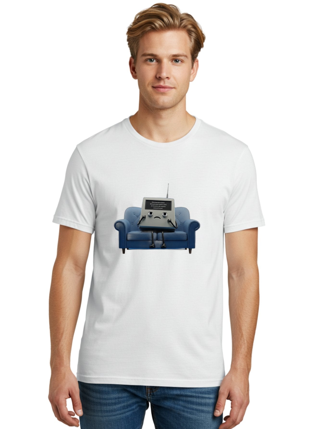 Sad-Laptop Men'S Graphic Tee, 100% Cotton, Comfortable Casual Summer Wear, Machine Washable, Sad Computer On Sofa, Blue Armchair, Frowning Face, Black Screen, Robotic Legs, Error Message, Quirky Character, Futuristic Design, Tech Humor, Bab375 28
