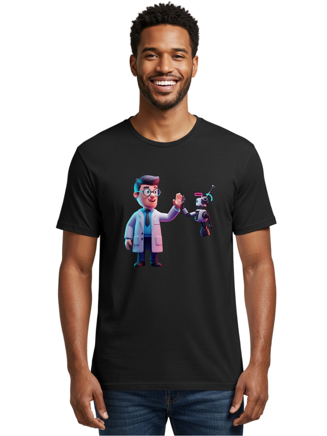 Scientist-And-Robot Men'S Graphic Tee, 100% Cotton, Comfortable Casual Summer Wear, Machine Washable, Scientist In Lab Coat, Robot Companion, High Five Gesture, Futuristic Technology, Artificial Intelligence, Collaboration, Teamwork, Bab387 6
