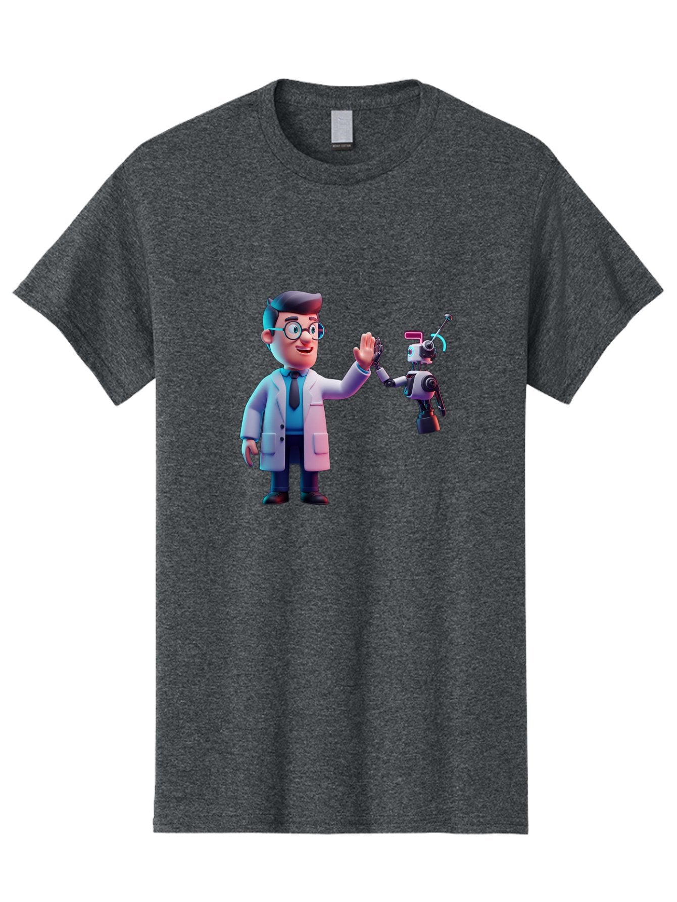 Scientist-And-Robot Men'S Graphic Tee, 100% Cotton, Comfortable Casual Summer Wear, Machine Washable, Scientist In Lab Coat, Robot Companion, High Five Gesture, Futuristic Technology, Artificial Intelligence, Collaboration, Teamwork, Bab387 21