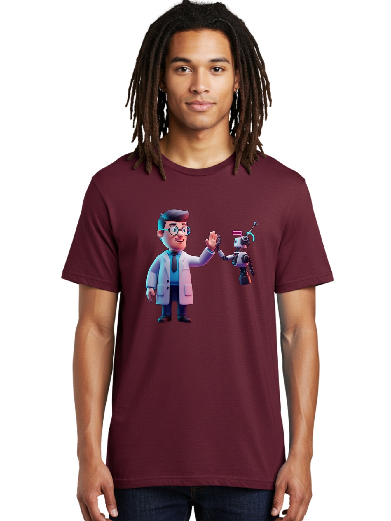 Scientist-And-Robot Men'S Graphic Tee, 100% Cotton, Comfortable Casual Summer Wear, Machine Washable, Scientist In Lab Coat, Robot Companion, High Five Gesture, Futuristic Technology, Artificial Intelligence, Collaboration, Teamwork, Bab387 18