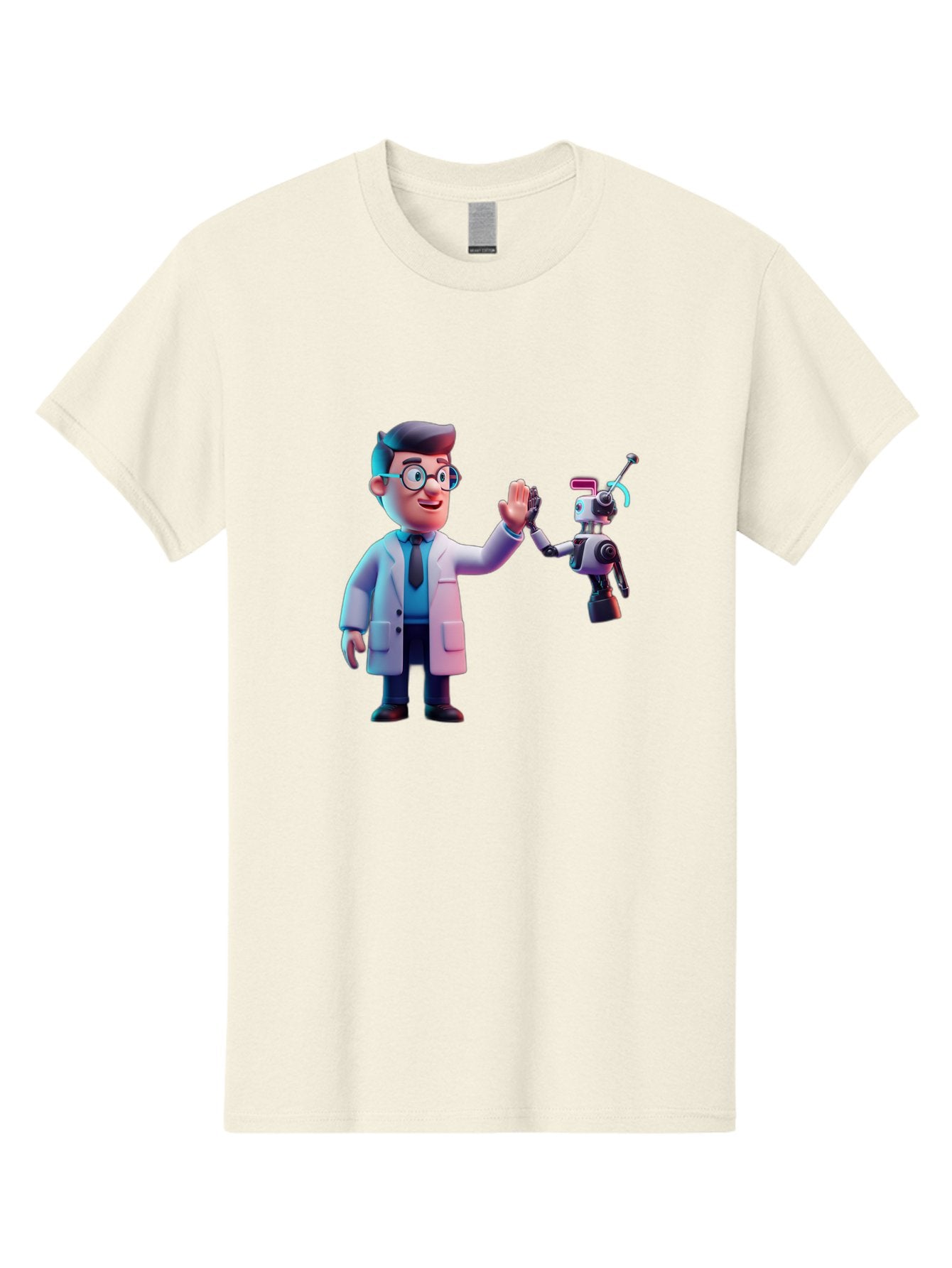 Scientist-And-Robot Men'S Graphic Tee, 100% Cotton, Comfortable Casual Summer Wear, Machine Washable, Scientist In Lab Coat, Robot Companion, High Five Gesture, Futuristic Technology, Artificial Intelligence, Collaboration, Teamwork, Bab387 11