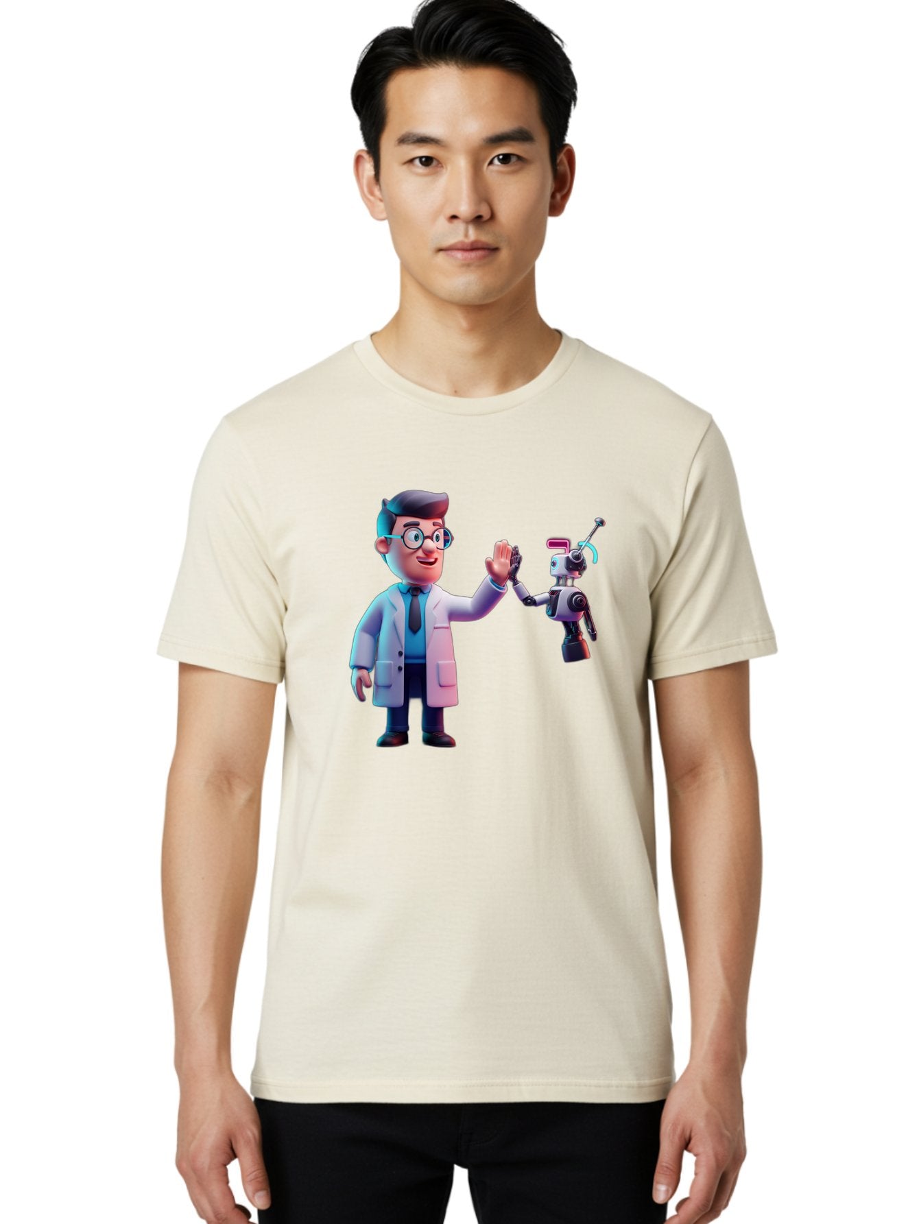 Scientist-And-Robot Men'S Graphic Tee, 100% Cotton, Comfortable Casual Summer Wear, Machine Washable, Scientist In Lab Coat, Robot Companion, High Five Gesture, Futuristic Technology, Artificial Intelligence, Collaboration, Teamwork, Bab387 12