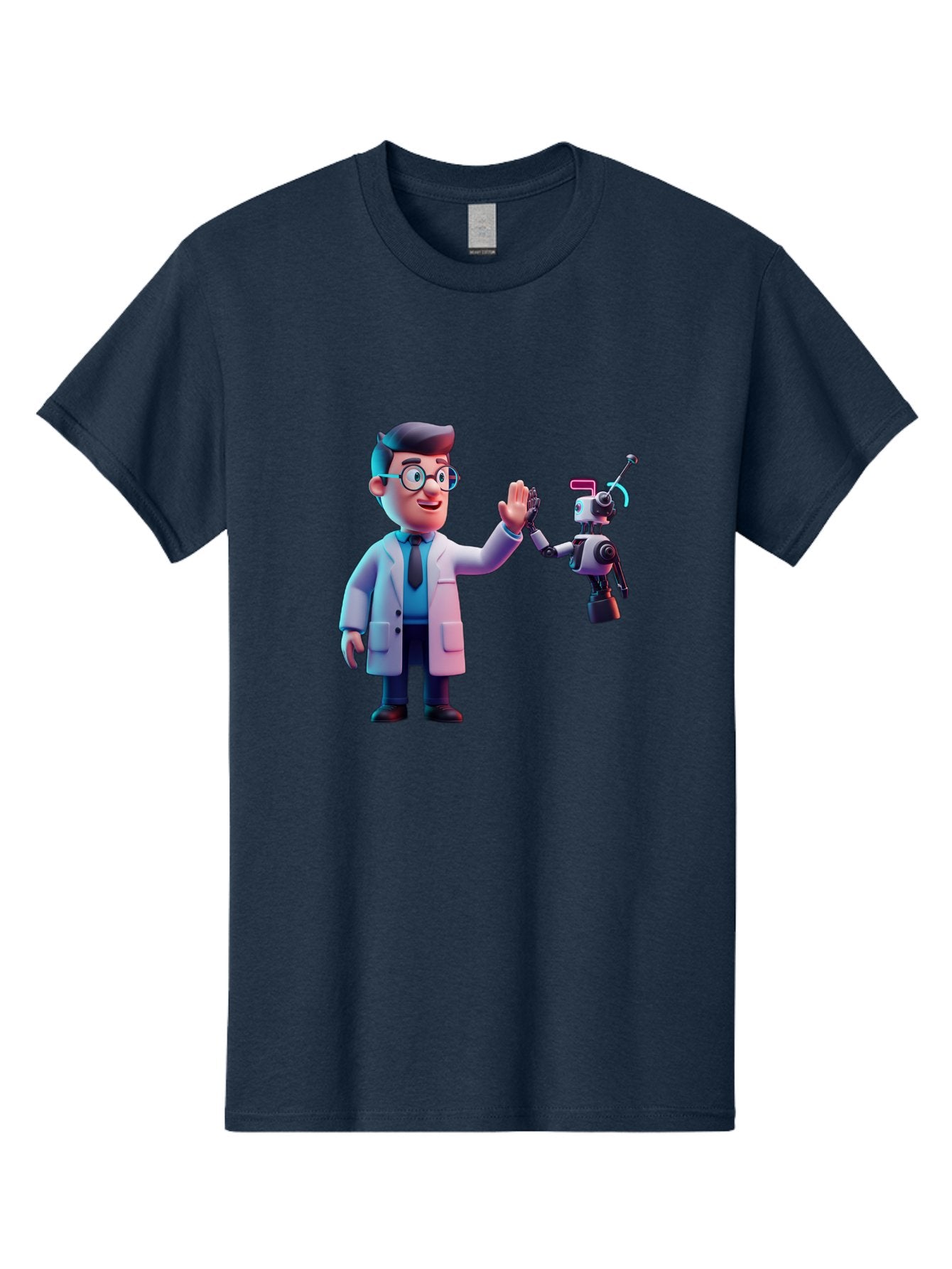 Scientist-And-Robot Men'S Graphic Tee, 100% Cotton, Comfortable Casual Summer Wear, Machine Washable, Scientist In Lab Coat, Robot Companion, High Five Gesture, Futuristic Technology, Artificial Intelligence, Collaboration, Teamwork, Bab387 23