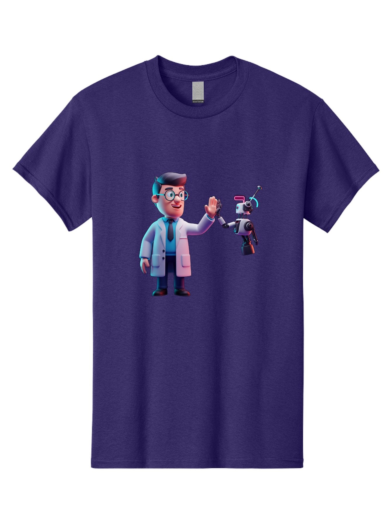 Scientist-And-Robot Men'S Graphic Tee, 100% Cotton, Comfortable Casual Summer Wear, Machine Washable, Scientist In Lab Coat, Robot Companion, High Five Gesture, Futuristic Technology, Artificial Intelligence, Collaboration, Teamwork, Bab387 15