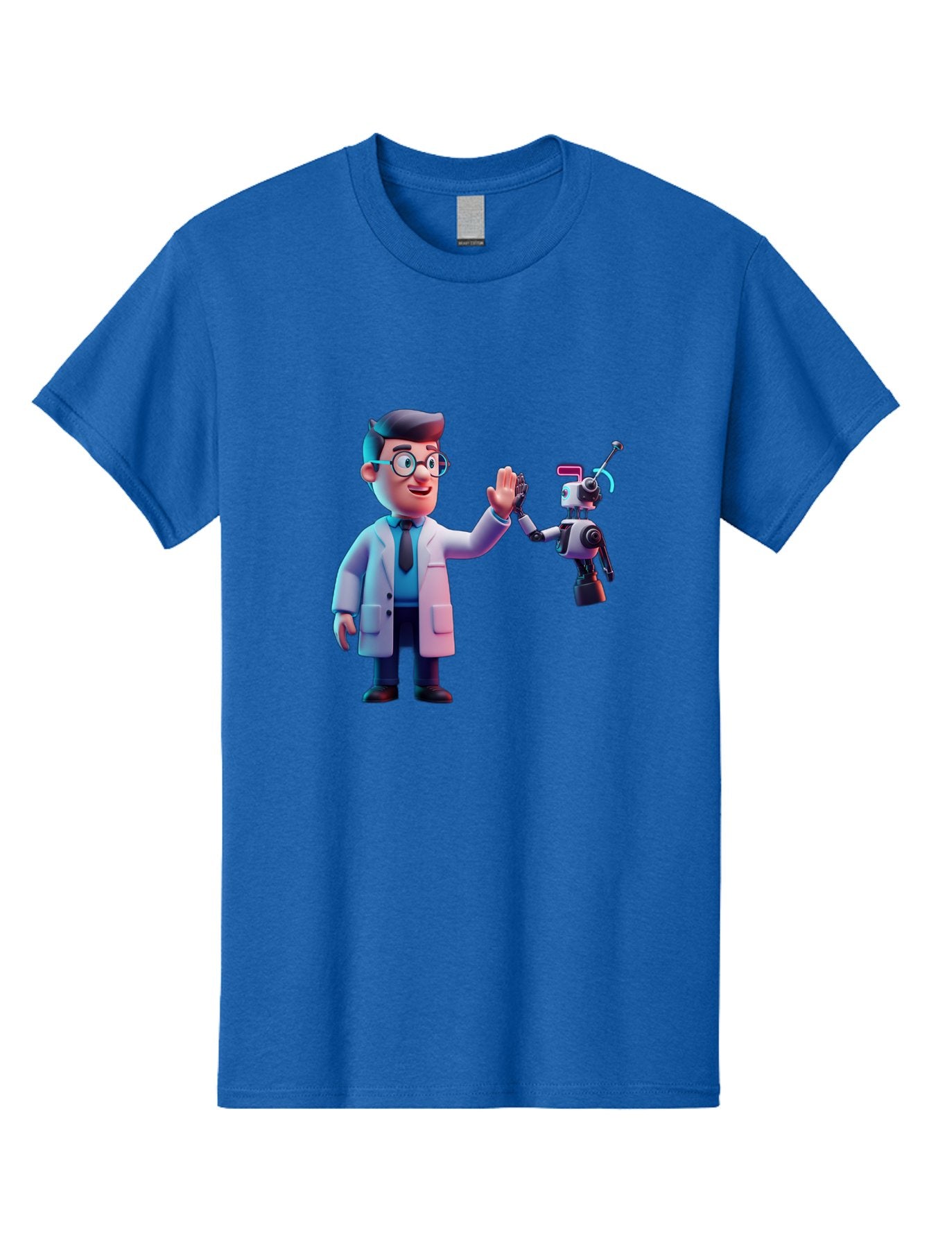 Scientist-And-Robot Men'S Graphic Tee, 100% Cotton, Comfortable Casual Summer Wear, Machine Washable, Scientist In Lab Coat, Robot Companion, High Five Gesture, Futuristic Technology, Artificial Intelligence, Collaboration, Teamwork, Bab387 25