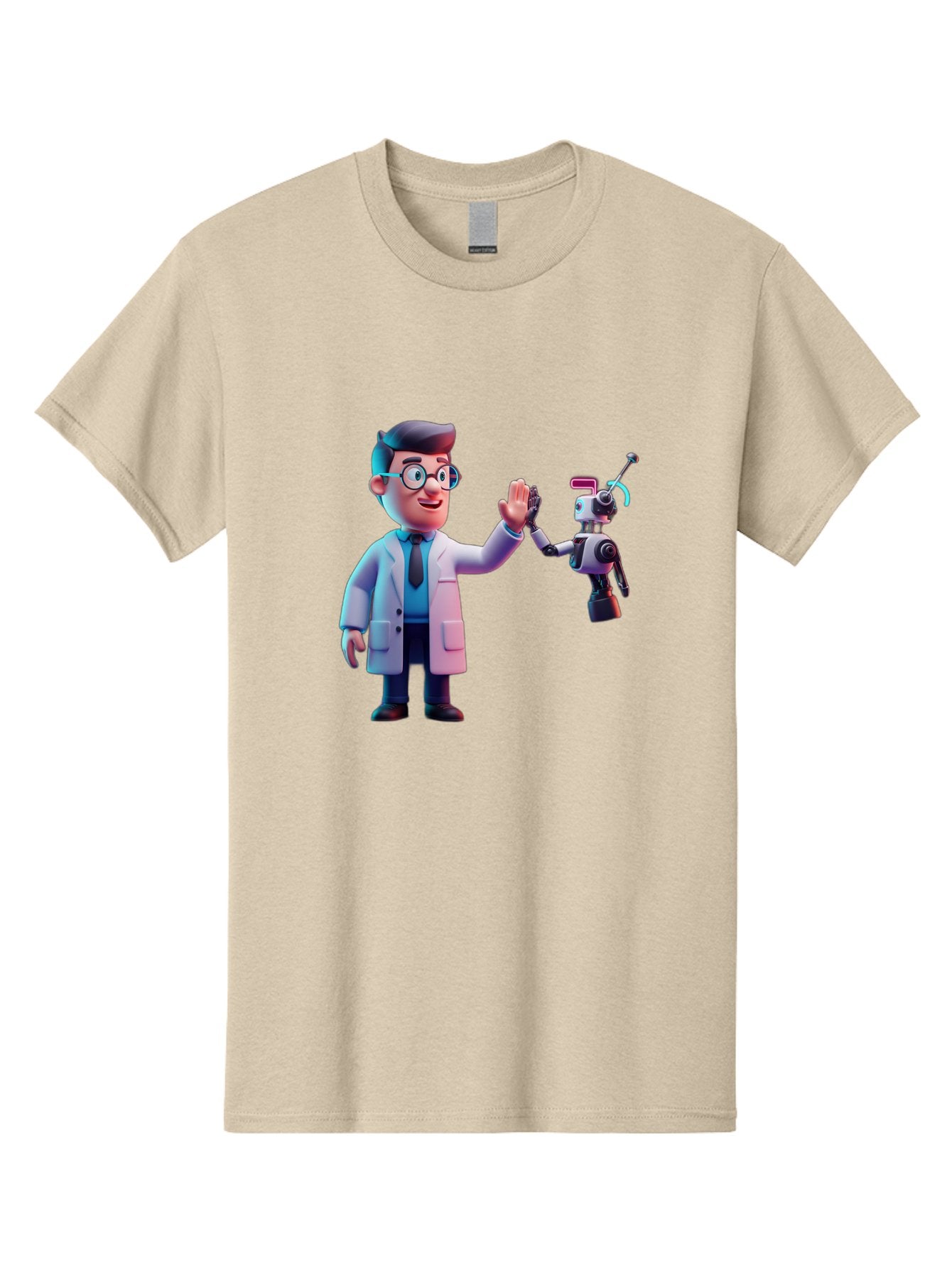 Scientist-And-Robot Men'S Graphic Tee, 100% Cotton, Comfortable Casual Summer Wear, Machine Washable, Scientist In Lab Coat, Robot Companion, High Five Gesture, Futuristic Technology, Artificial Intelligence, Collaboration, Teamwork, Bab387 13