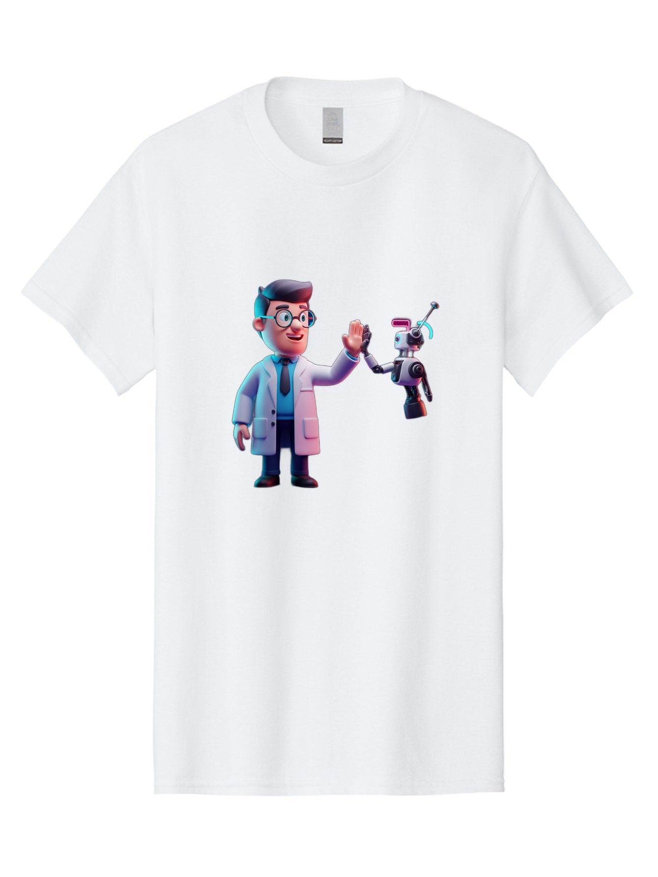 Scientist-And-Robot Men'S Graphic Tee, 100% Cotton, Comfortable Casual Summer Wear, Machine Washable, Scientist In Lab Coat, Robot Companion, High Five Gesture, Futuristic Technology, Artificial Intelligence, Collaboration, Teamwork, Bab387 7