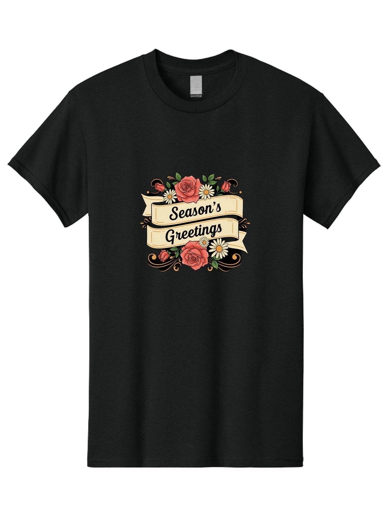 Season-S-Greetings Men'S Graphic Tee, 100% Cotton, Comfortable Casual Summer Wear, Machine Washable, Vintage Floral Design, Roses And Daisies, Festive Holiday Greeting, Elegant Black Script, Classic Christmas Theme, Warm Winter Wishes, Bab388 12