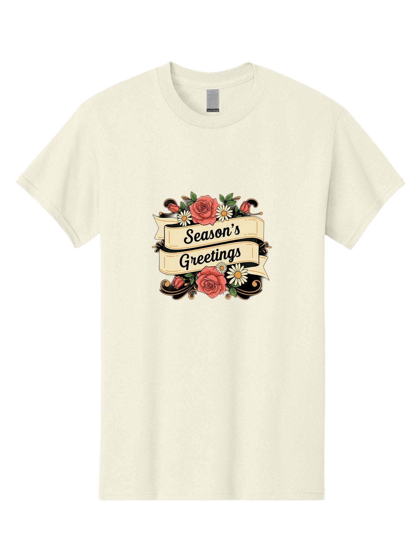 Season-S-Greetings Men'S Graphic Tee, 100% Cotton, Comfortable Casual Summer Wear, Machine Washable, Vintage Floral Design, Roses And Daisies, Festive Holiday Greeting, Elegant Black Script, Classic Christmas Theme, Warm Winter Wishes, Bab388