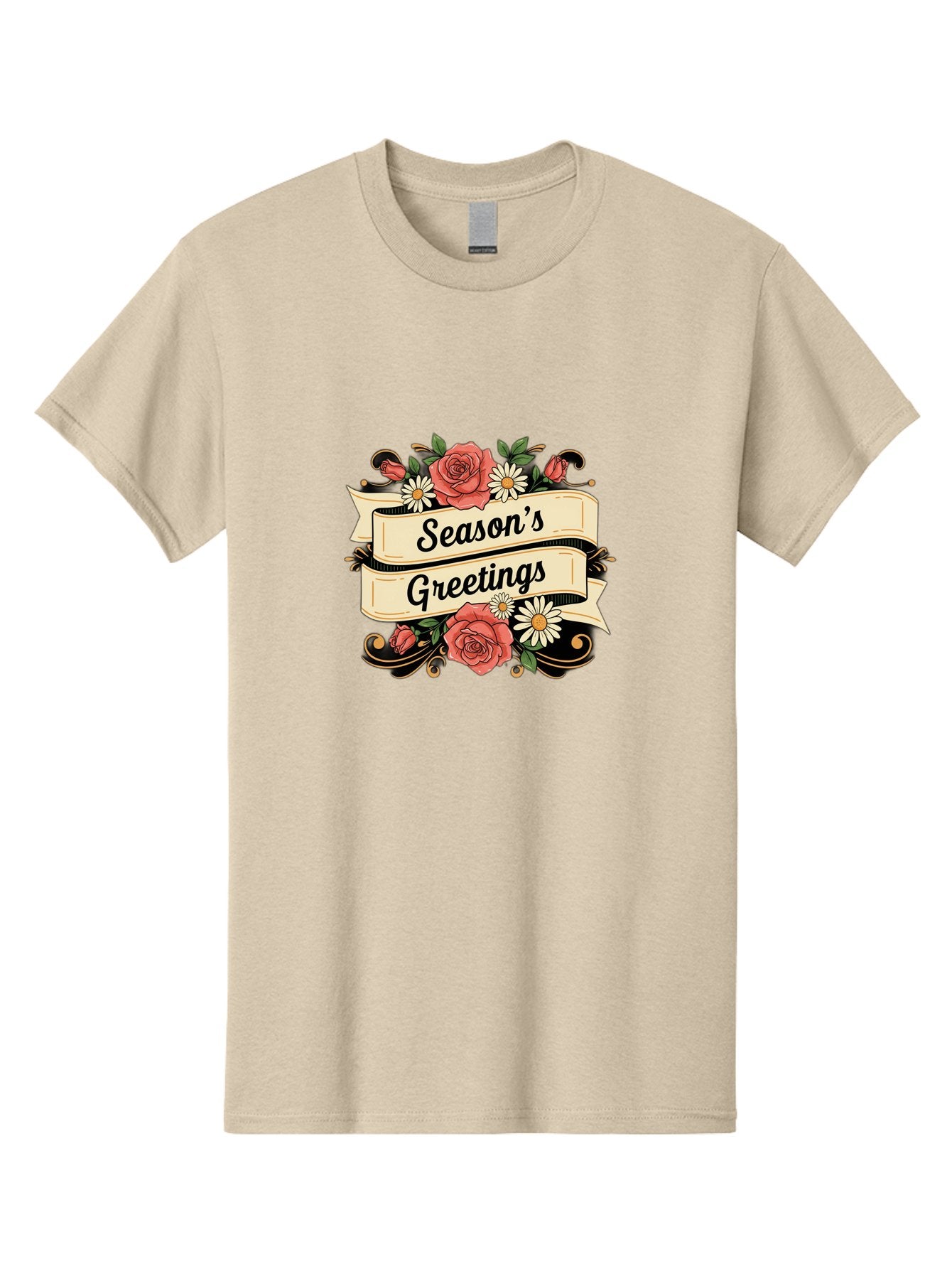 Season-S-Greetings Men'S Graphic Tee, 100% Cotton, Comfortable Casual Summer Wear, Machine Washable, Vintage Floral Design, Roses And Daisies, Festive Holiday Greeting, Elegant Black Script, Classic Christmas Theme, Warm Winter Wishes, Bab388 13