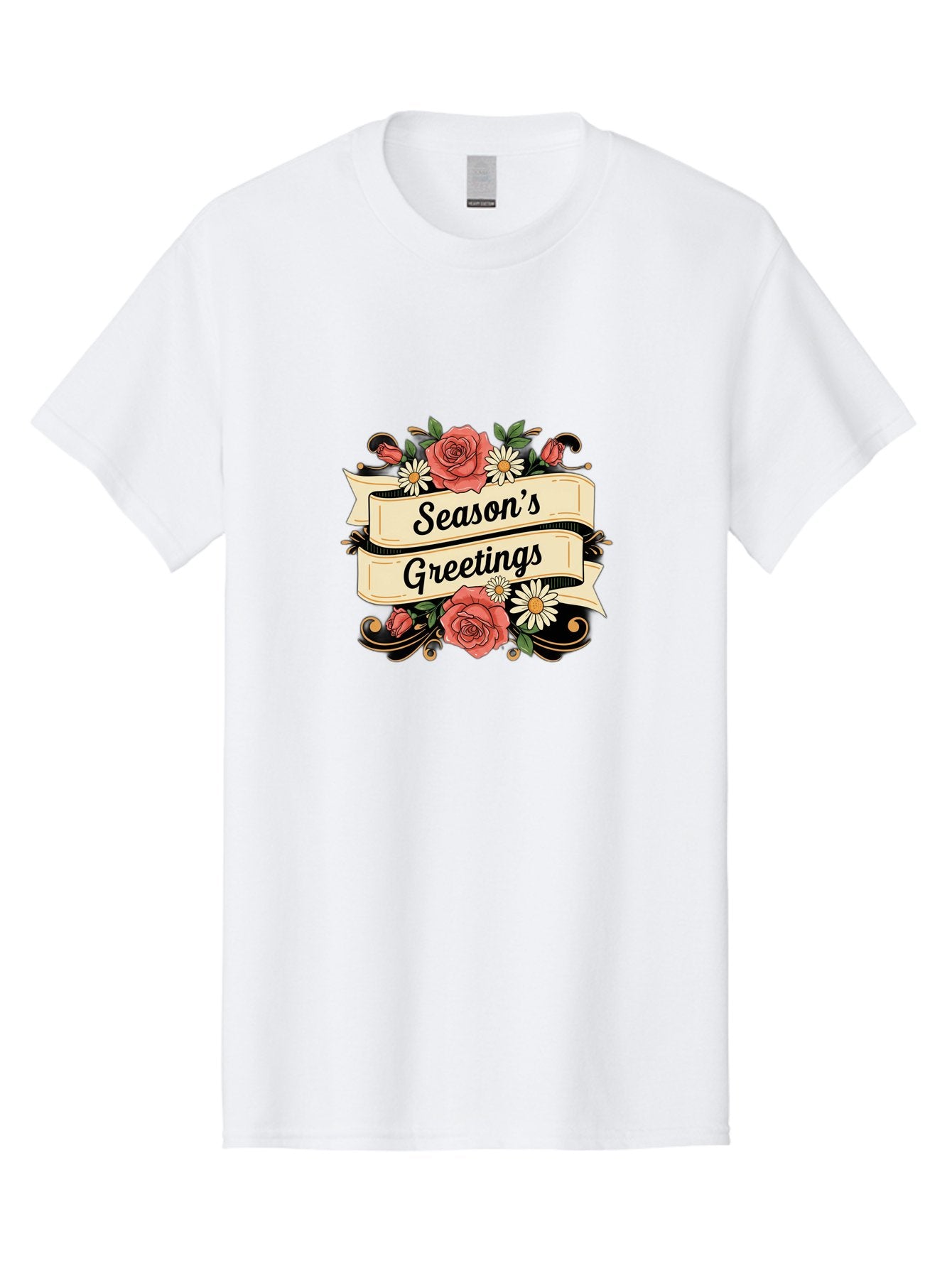 Season-S-Greetings Men'S Graphic Tee, 100% Cotton, Comfortable Casual Summer Wear, Machine Washable, Vintage Floral Design, Roses And Daisies, Festive Holiday Greeting, Elegant Black Script, Classic Christmas Theme, Warm Winter Wishes, Bab388 11
