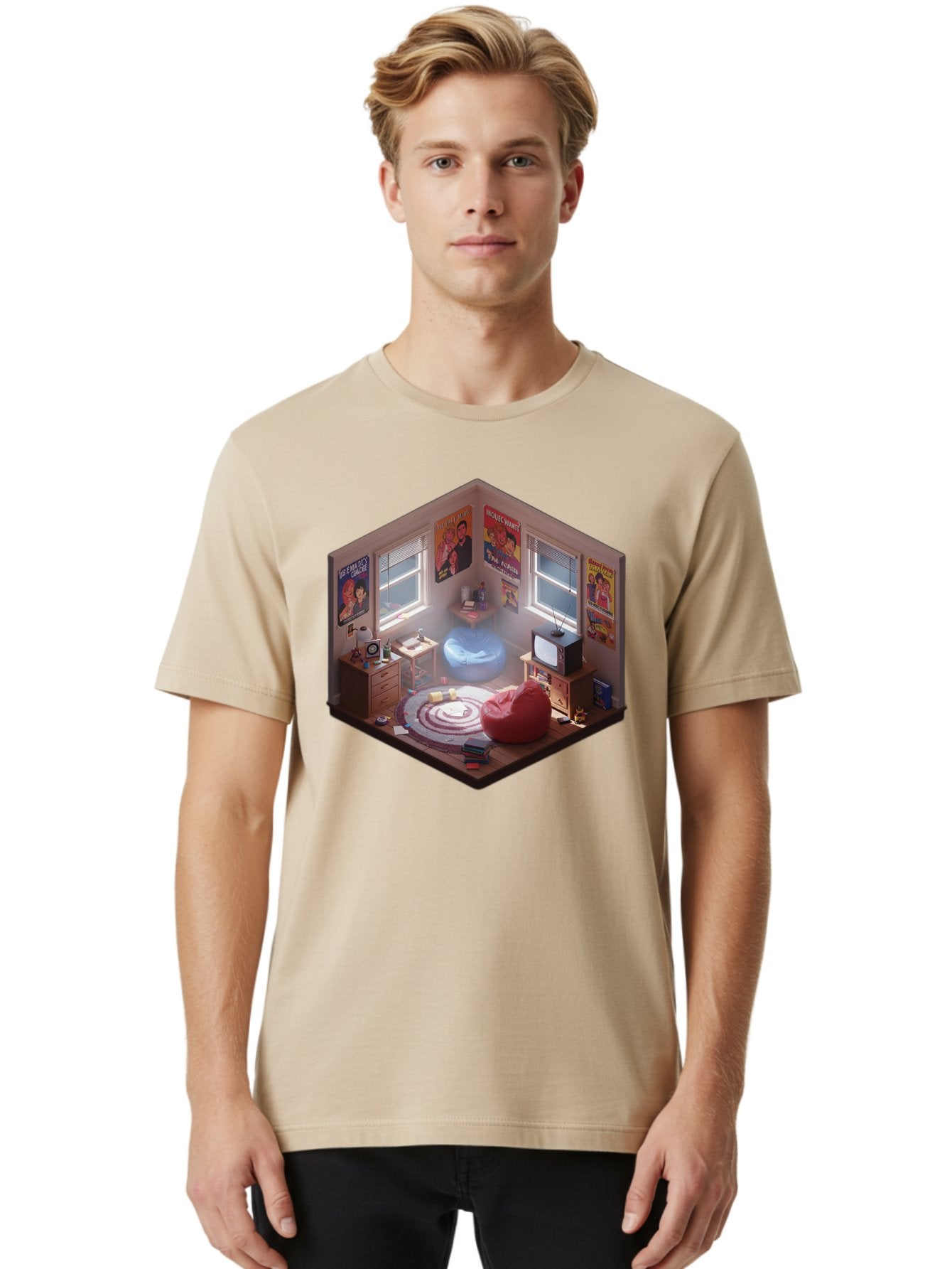 Seinfeld-Bedroom Men'S Graphic Tee, 100% Cotton, Comfortable Casual Summer Wear, Machine Washable, Isometric Bedroom, Cozy Interior Design, Retro Decor, Bean Bag Chair, Vintage Tv, Movie Posters, 90S Nostalgia, Hipster Room, Movie Memorabilia, Bab390 30