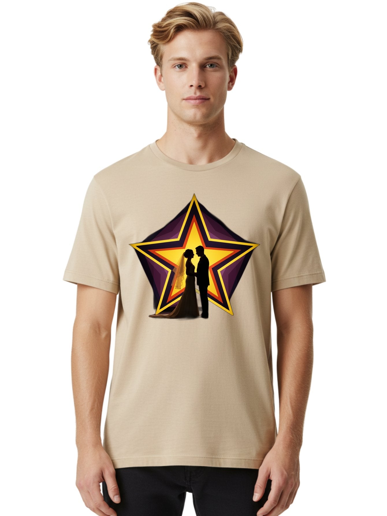 Silhouette-Couple-Star Men'S Graphic Tee, 100% Cotton, Comfortable Casual Summer Wear, Machine Washable, Newlywed Couple, Silhouetted Figures, Wedding Vows, Star Symbol, Love And Unity, Romantic Moment, Couple'S Love, Wedding Inspiration, Bab394 21