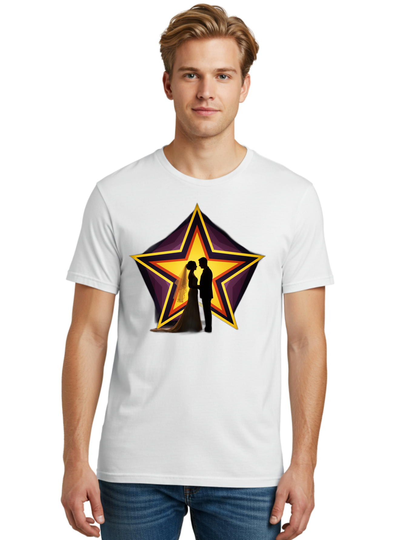 Silhouette-Couple-Star Men'S Graphic Tee, 100% Cotton, Comfortable Casual Summer Wear, Machine Washable, Newlywed Couple, Silhouetted Figures, Wedding Vows, Star Symbol, Love And Unity, Romantic Moment, Couple'S Love, Wedding Inspiration, Bab394 12