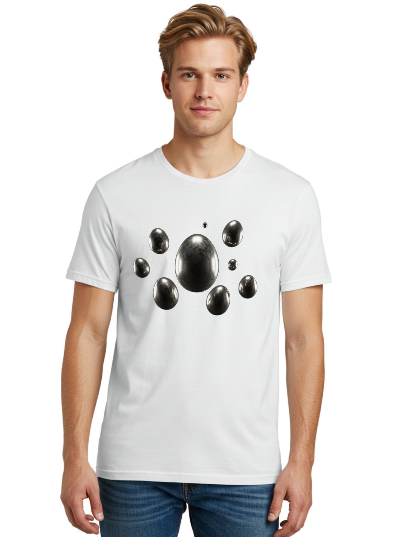 Silver-Egg Men'S Graphic Tee, 100% Cotton, Comfortable Casual Summer Wear, Machine Washable, Silver Bubbles, Shiny Spheres, Reflective Surfaces, Metallic Sheen, Bubble Cluster, Futuristic Design, Modern Elements, Abstract Shapes, 3D Rendering Bab395 16
